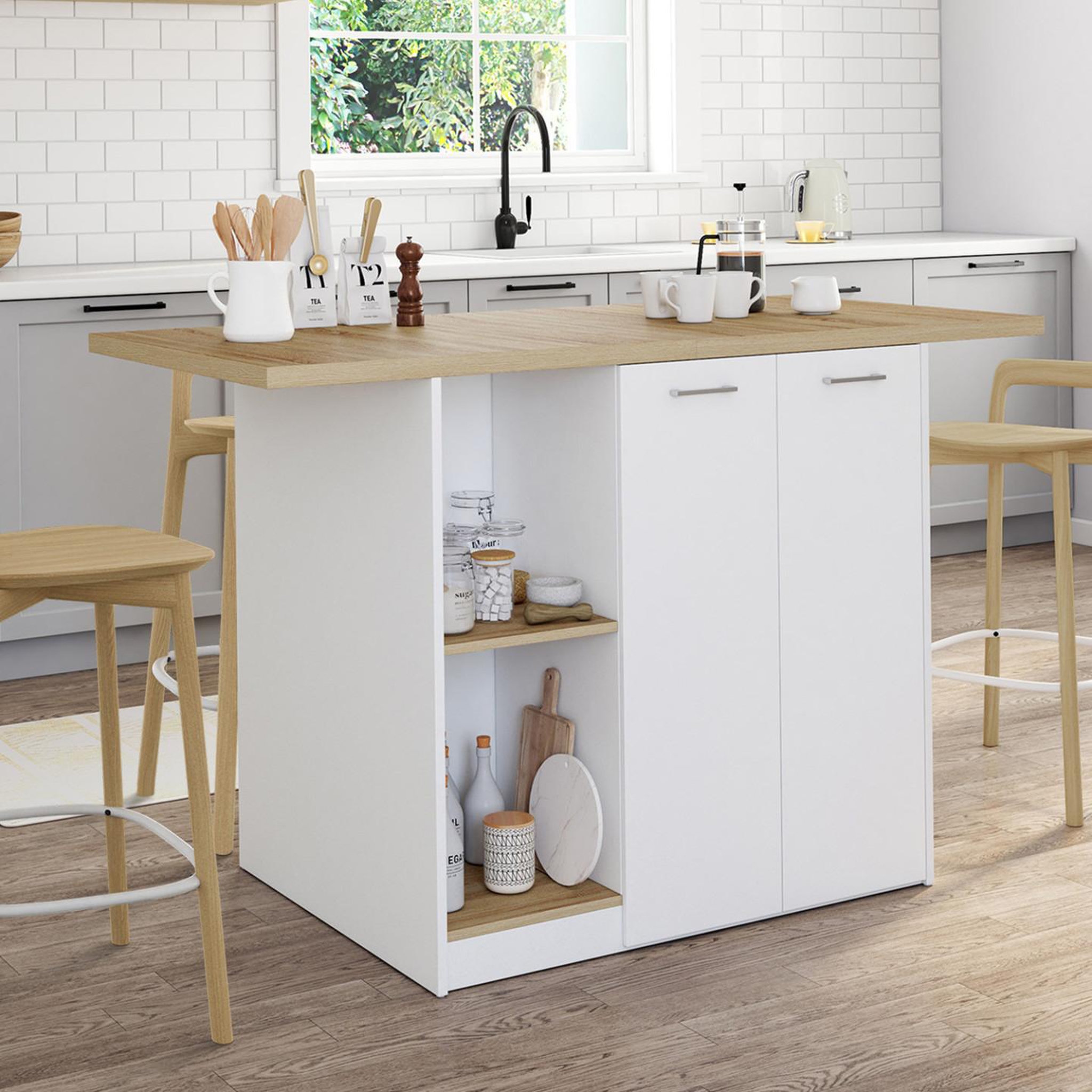 Voir la diapositive 2 : ID MARKET Ilot central bao 140 cm 4 personnes bois blanc avec plan de travail façon hêtre