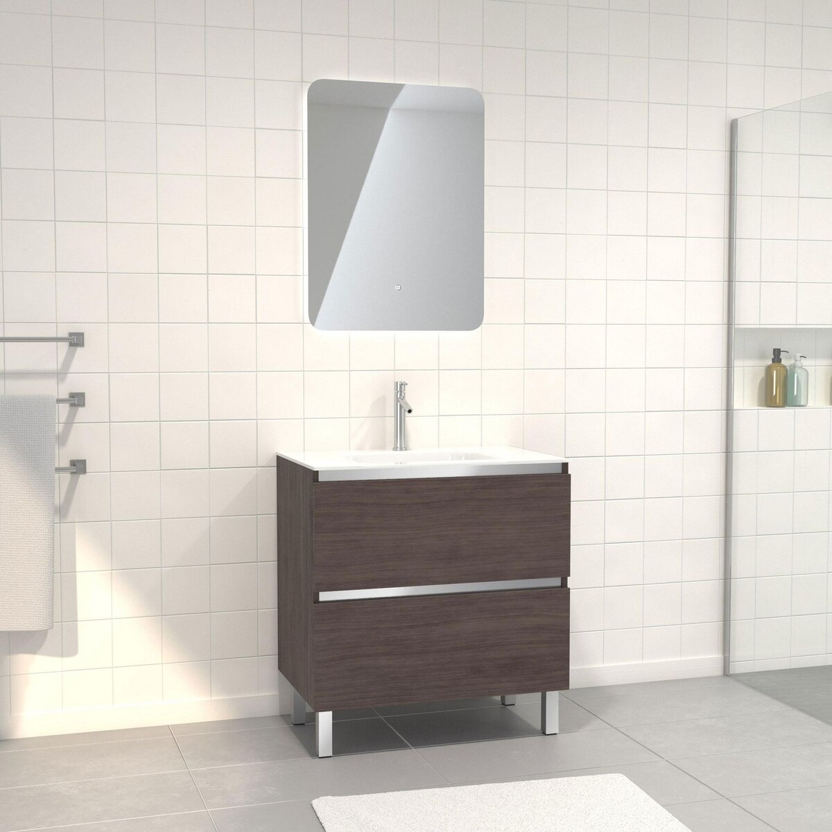  Pack Meuble de salle de bain 80x50 cm Graphite + vasque verre blanc + miroir LED 60x80