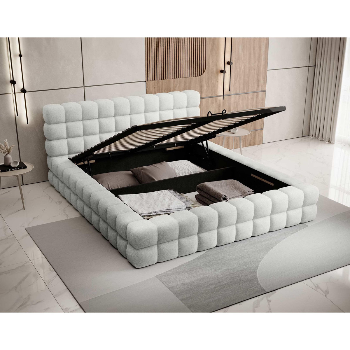 BEST MOBILIER Kingston - lit coffre - 180x200 - sommier inclus - en tissu bouclette