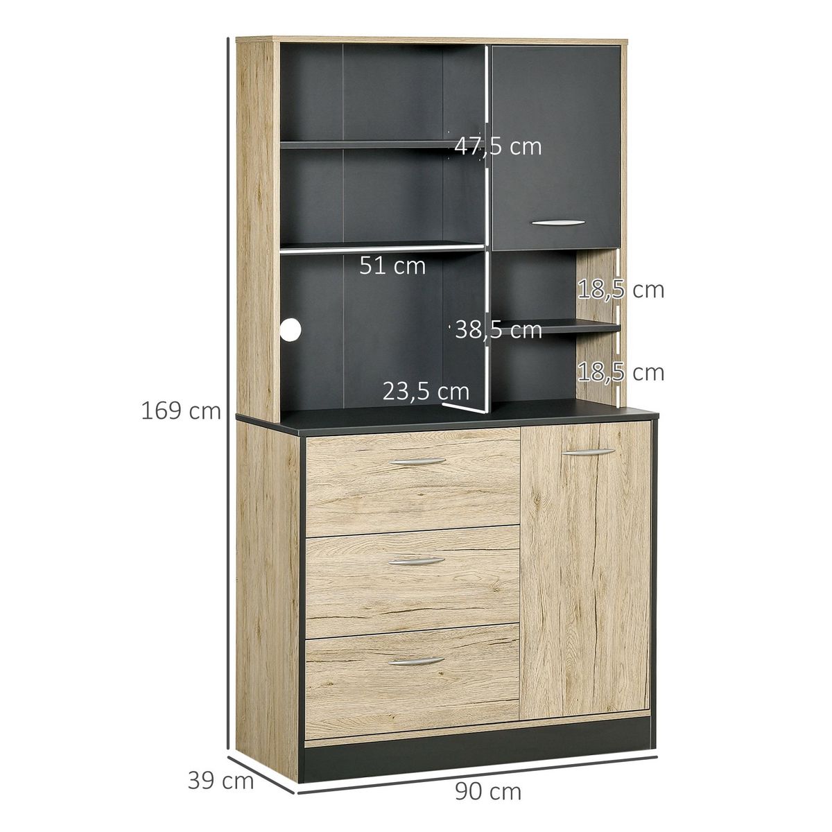 HOMCOM Armoire de cuisine multi-rangements 2 portes 3 tiroirs 3 étagères + grand plateau 90L x 39l x 169H cm bicolore chêne clair gris