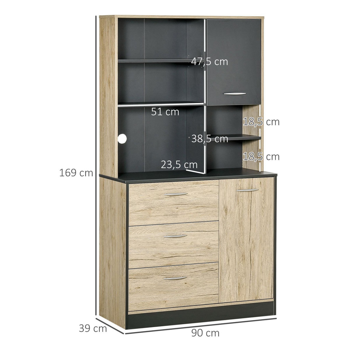 HOMCOM Armoire de cuisine multi-rangements 2 portes 3 tiroirs 3 étagères + grand plateau 90L x 39l x 169H cm bicolore chêne clair gris