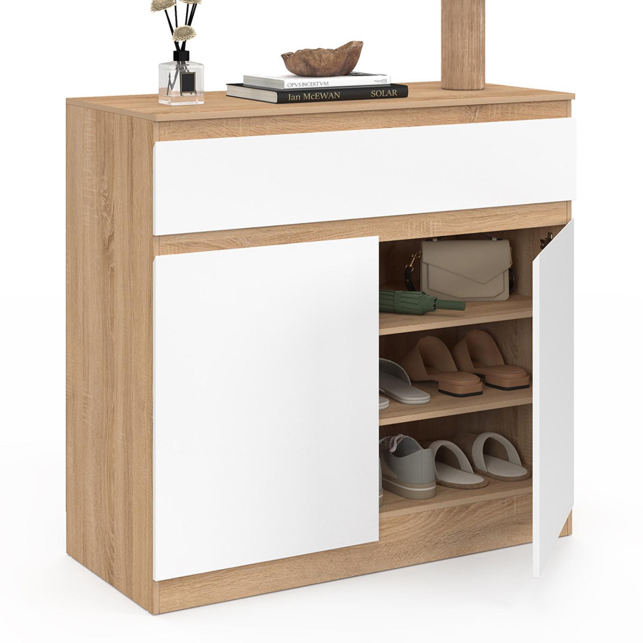 Voir la diapositive 3 : ID MARKET Armoire à chaussures 12 paires tomi 2 portes et 1 tiroir façon hêtre et blanc