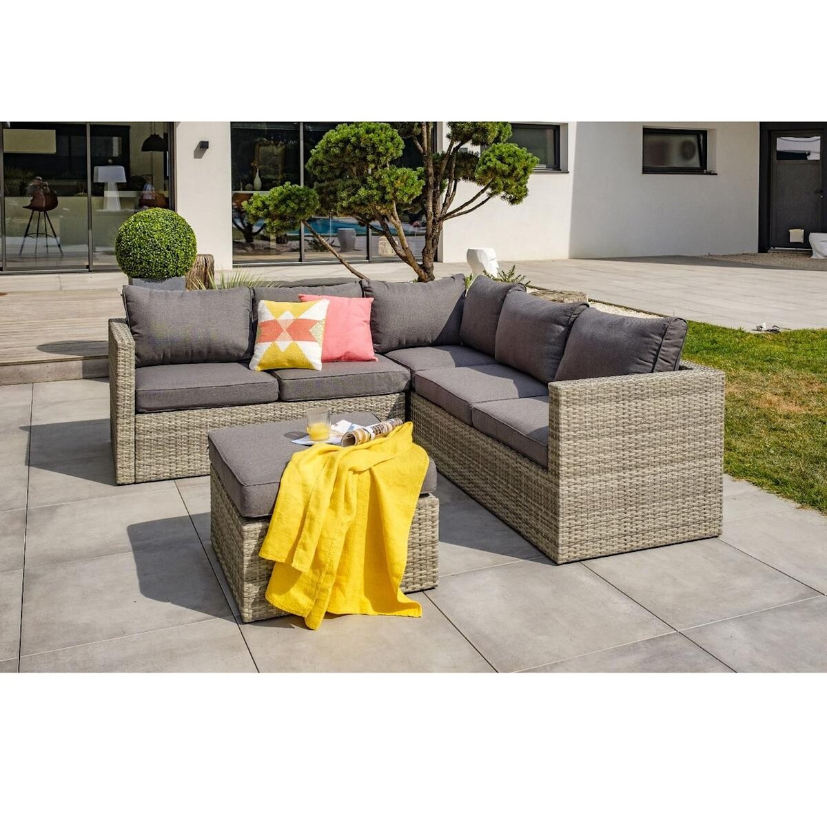 DCB GARDEN Salon bas de jardin - 5 places - résine tressée - gris - BONHEUR