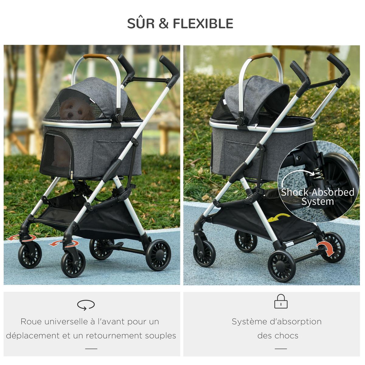 PAWHUT Poussette pour chien pliable nacelle 2 en 1 - habillage pluie, panier, poignée, housse réglable - alu oxford gris