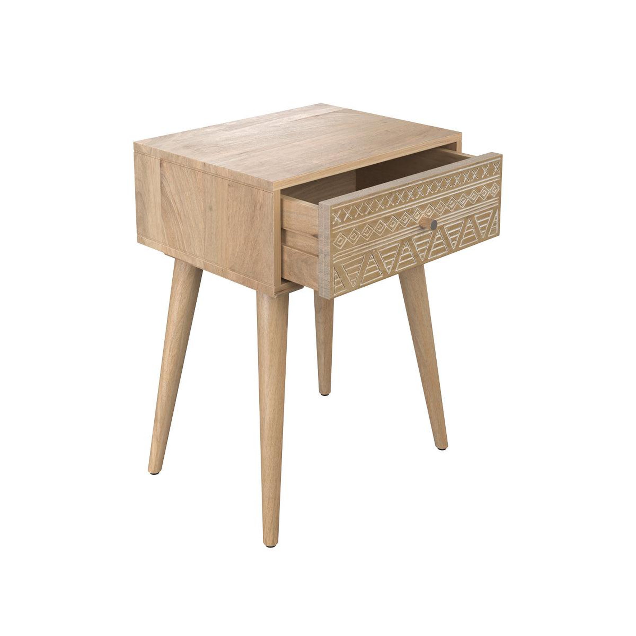 Voir la diapositive 6 : MAISON PAVANE Table de chevet en bois de manguier gravé 1 tiroir-tiny
