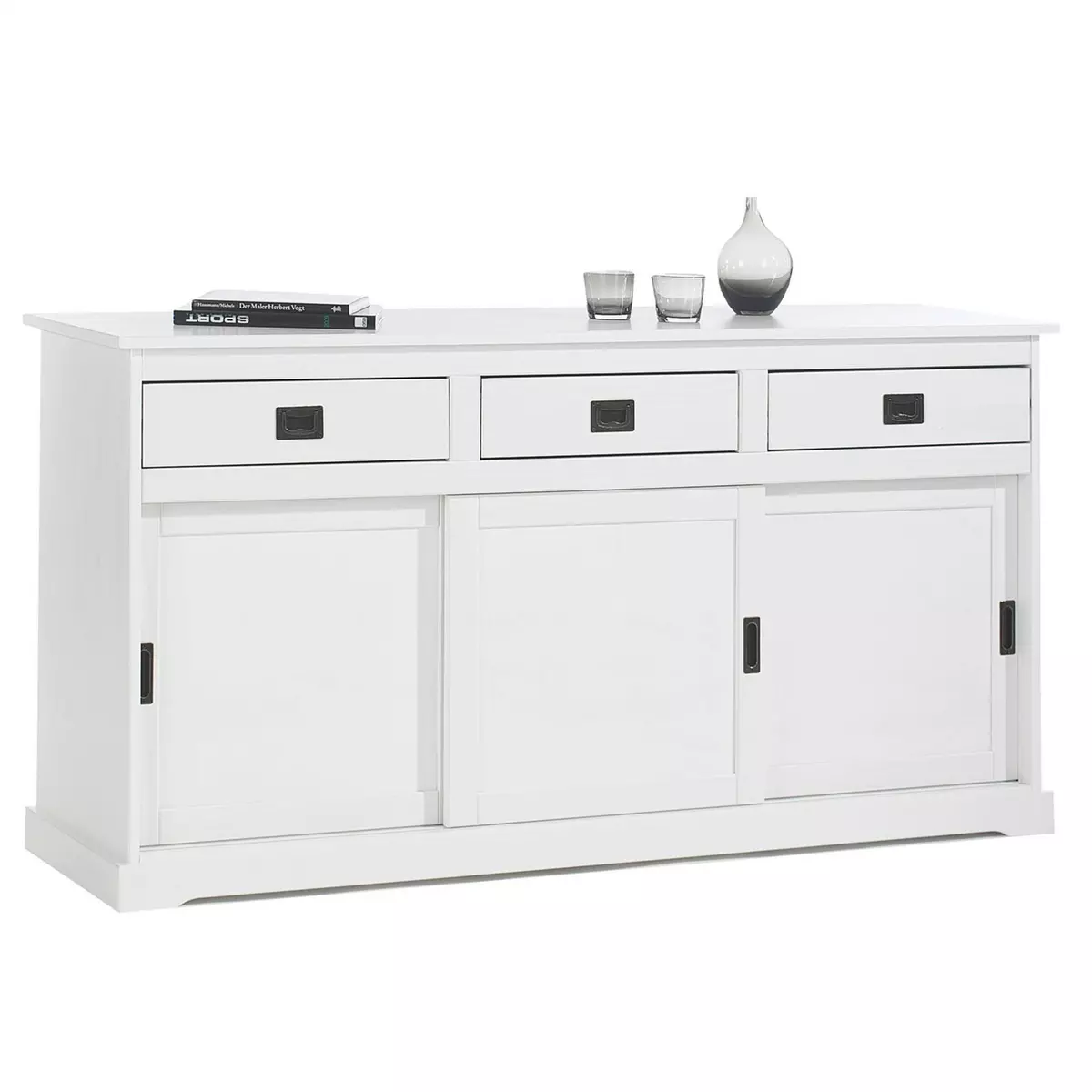 IDIMEX Buffet SAVONA bahut vaisselier commode avec 3 tiroirs et 3 portes coulissantes, en pin massif lasuré blanc