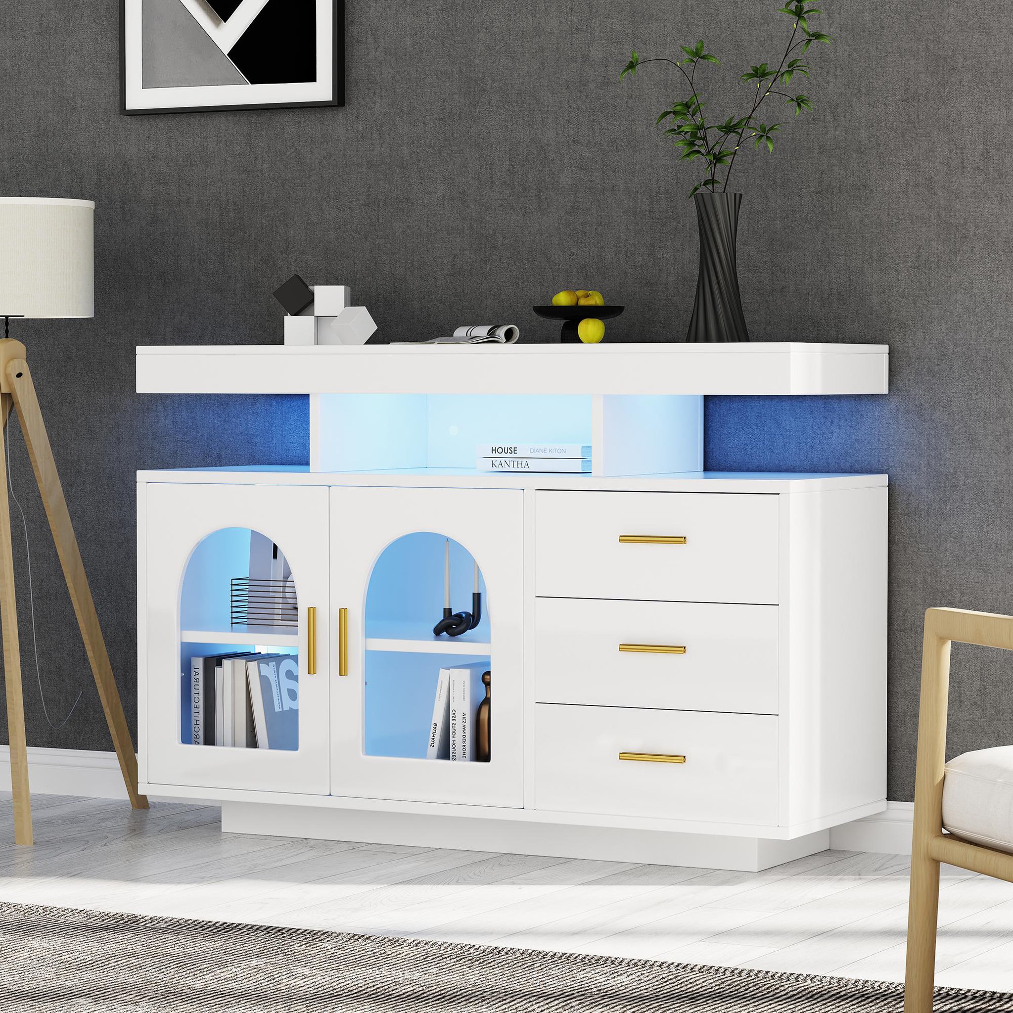 Voir la diapositive 4 : MERAX Buffet 2 porte(s) 3 tiroir(s) - 120 cm blanc led panneau de particules