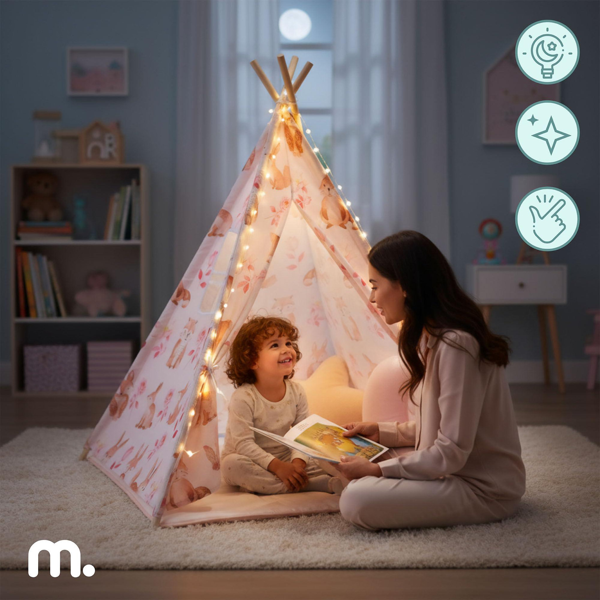Voir la diapositive 5 : HYPERMOTION Tente Tipi Enfant en Bois Pin et Tissu Tapis Antidérapant LED 100x100cm Rose