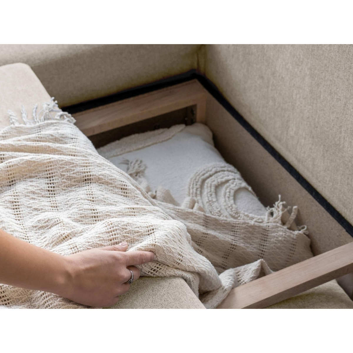 BEST MOBILIER Lagom - canapé d'angle panoramique - convertible - avec coffre - en tissu - 7 places - gauche