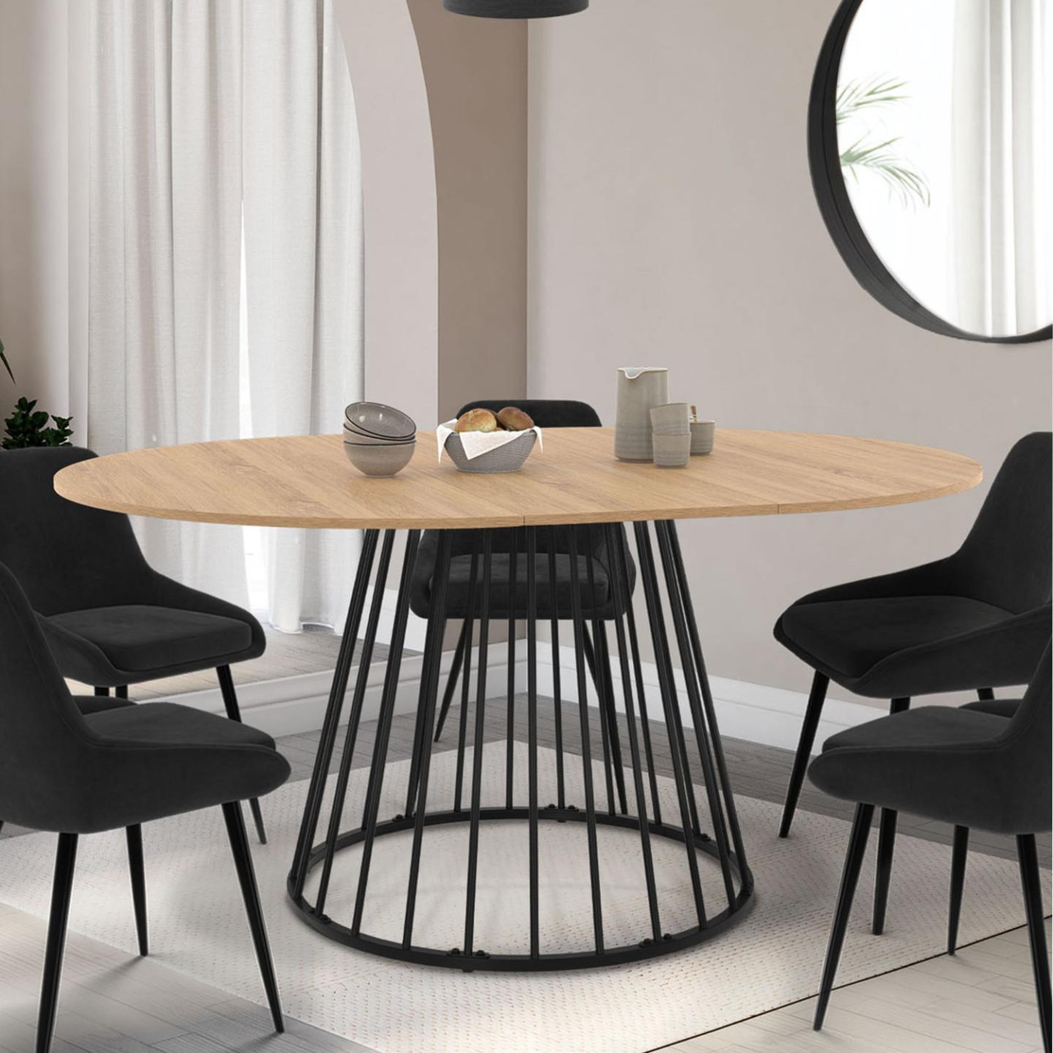Voir la diapositive 2 : ID MARKET Table à manger extensible ronde yuna 4-8 personnes plateau bois et pied filaire en métal 110-150 cm