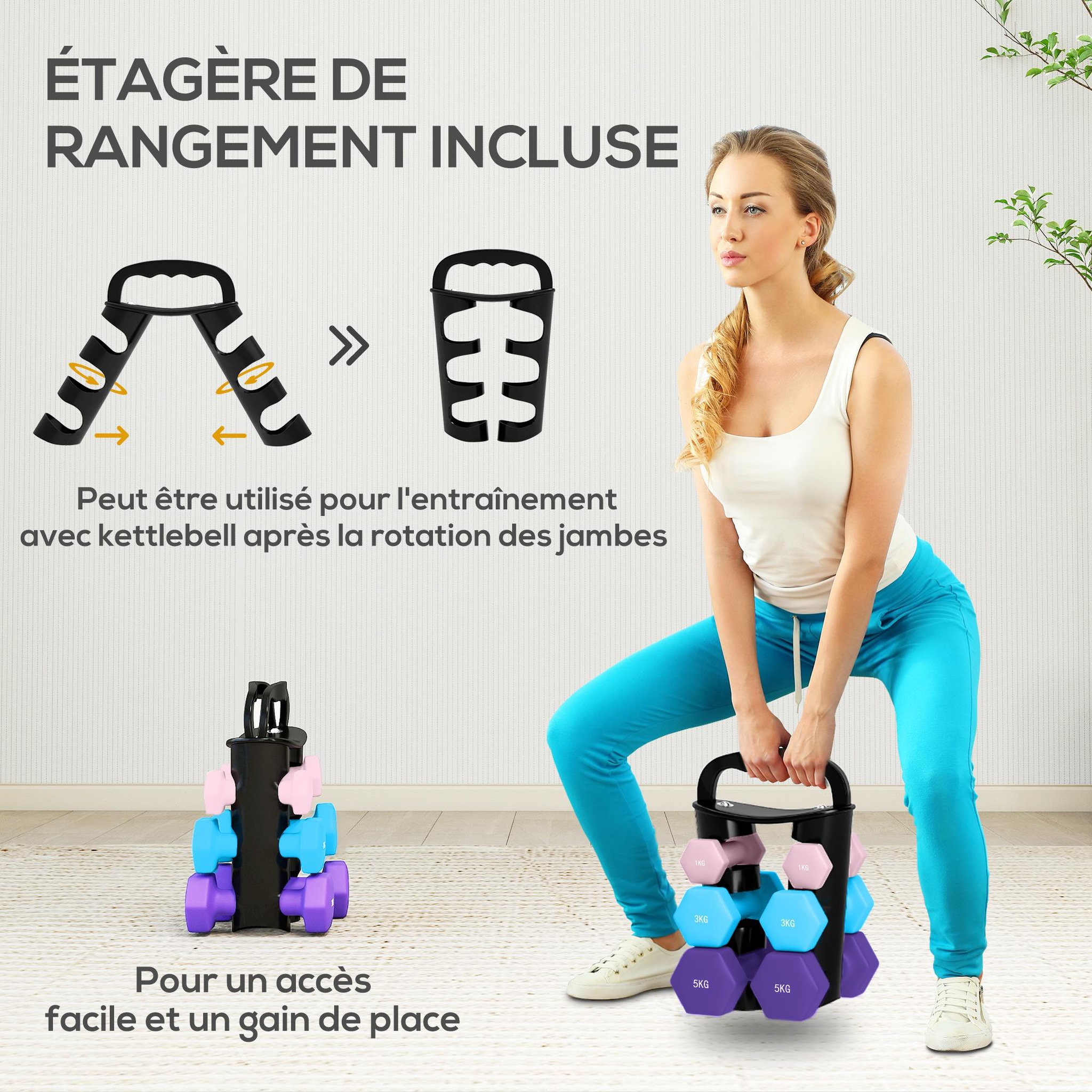 Voir la diapositive 4 : HOMCOM Support noir pour 6 haltères vinyles - 6 haltères incluses total 48 kg - noir rose bleu violet