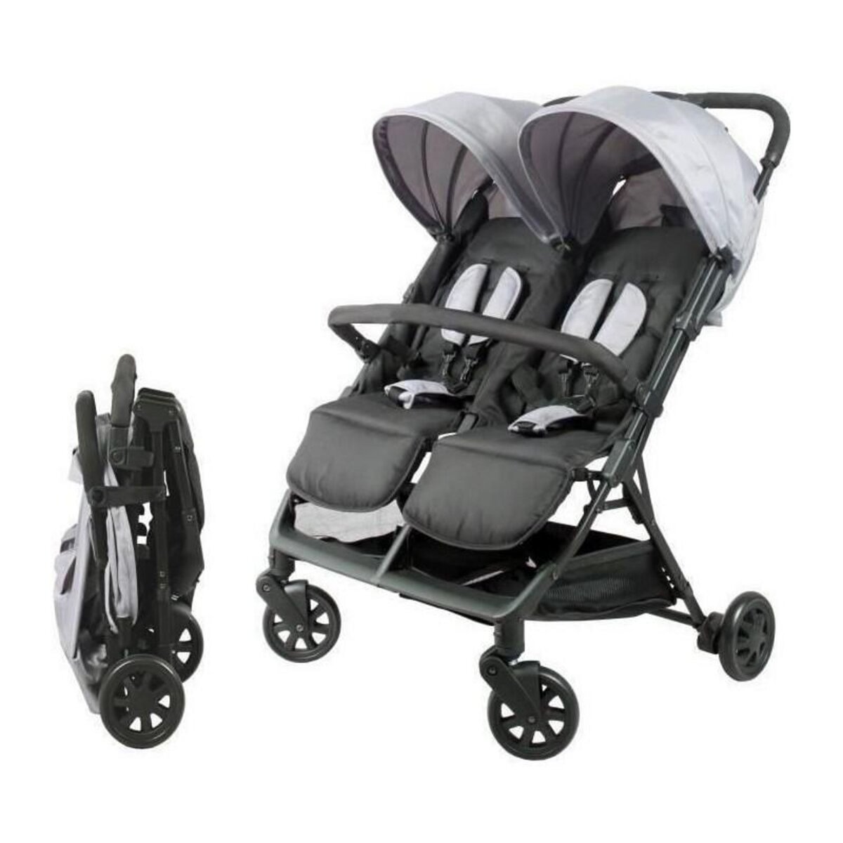 BAMBISOL Bambisol - DS209 GRIS NOIR - Poussette Double Cote a Cote | Pour Jumeaux des la Naissance, Pliage Ultra-Compact | Noir Gris