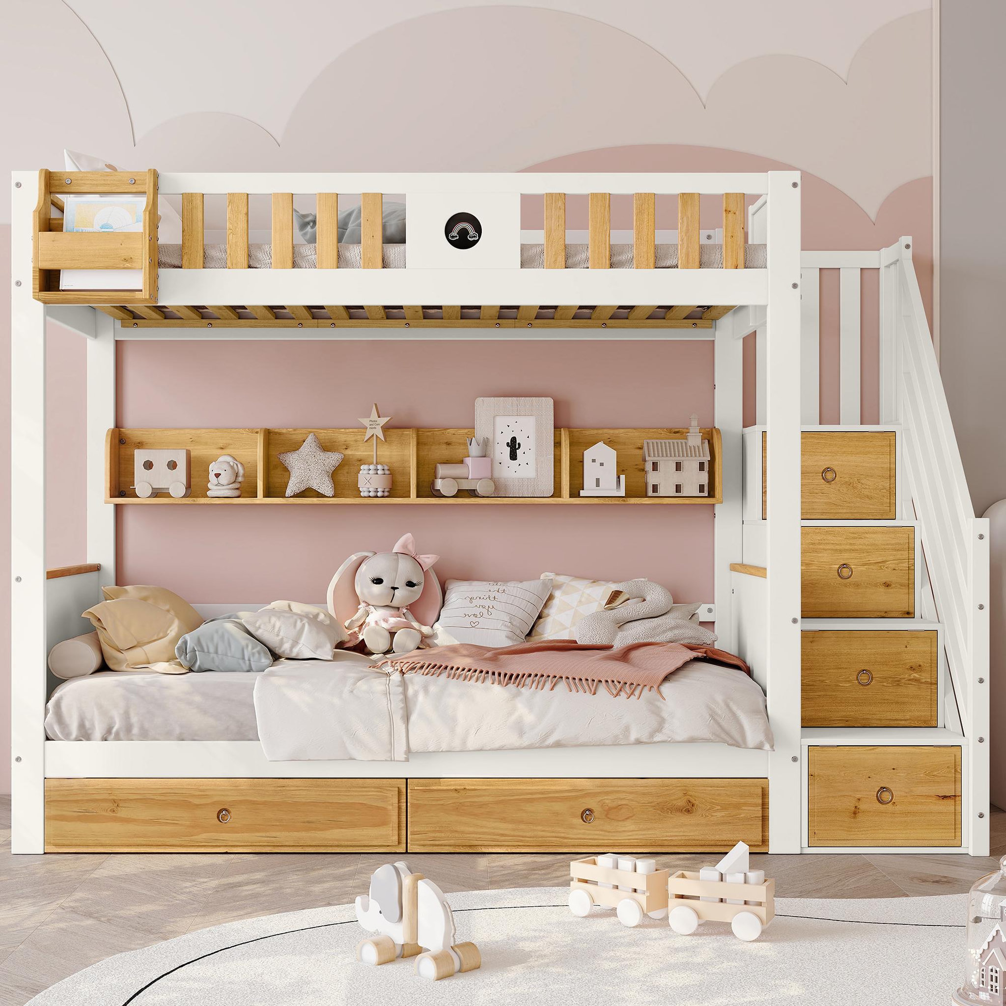 Voir la diapositive 2 : MERAX Lit superposé 90x200(120x200)cm bois et mdf coloris blanc+naturel