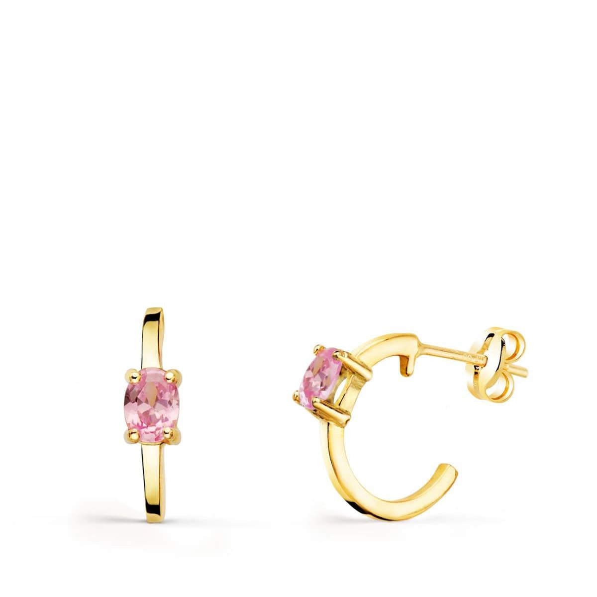 L'ATELIER D'AZUR Boucles d'Oreilles Demi Créoles Zirconiums Roses - Or 18 Carats 750 Jaune