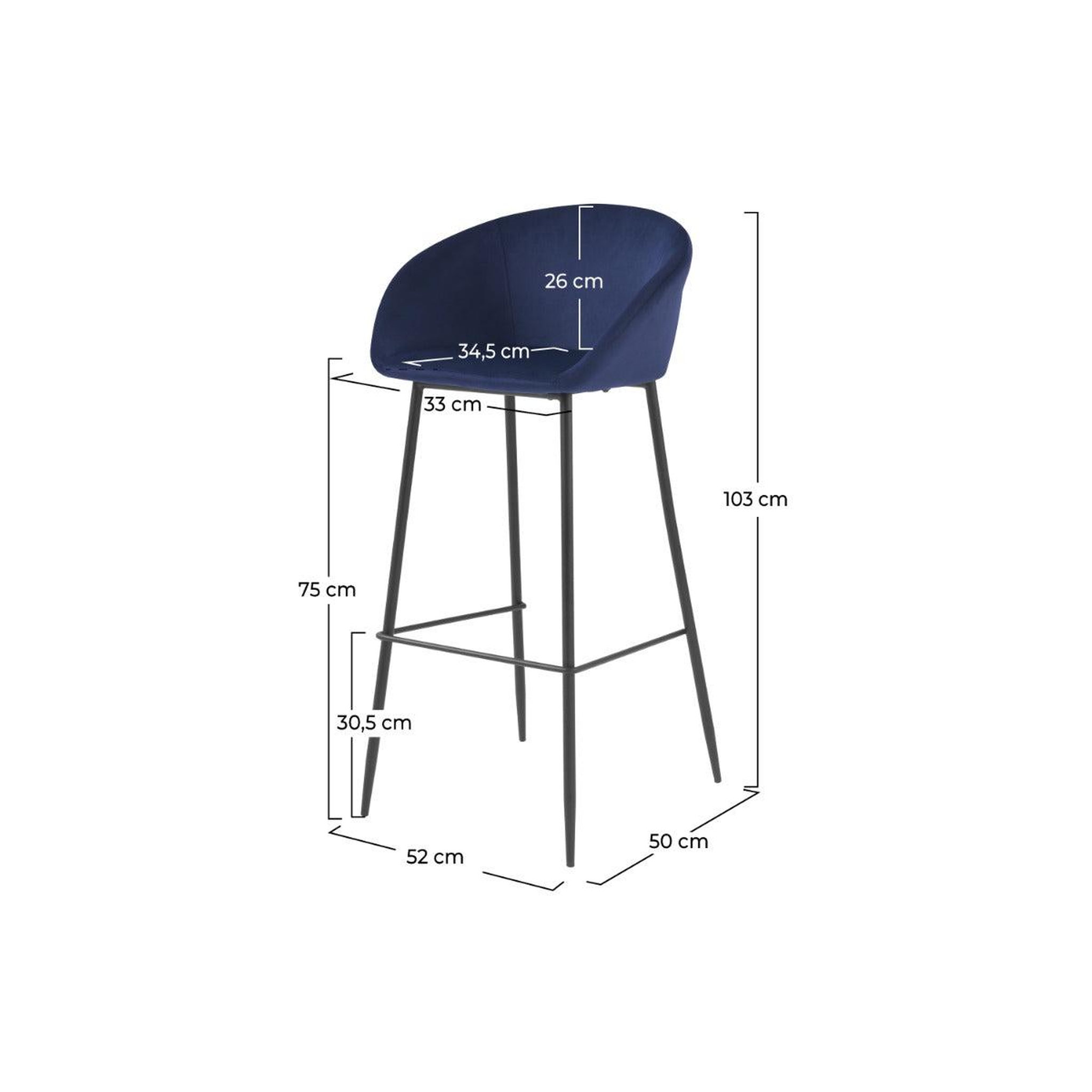Voir la diapositive 4 : MAISON PAVANE Lot de 2 chaises de bar 75 cm en velours bleu-marquise
