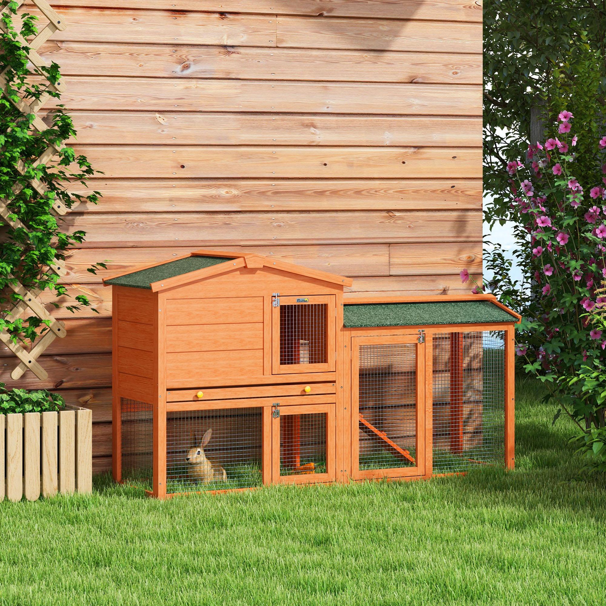 Voir la diapositive 2 : PAWHUT Clapier cage à lapins rongeurs 2 niveaux 3 portes verrouillables tiroir à déjection 145l x 45l x 85h cm bois sapin lasuré