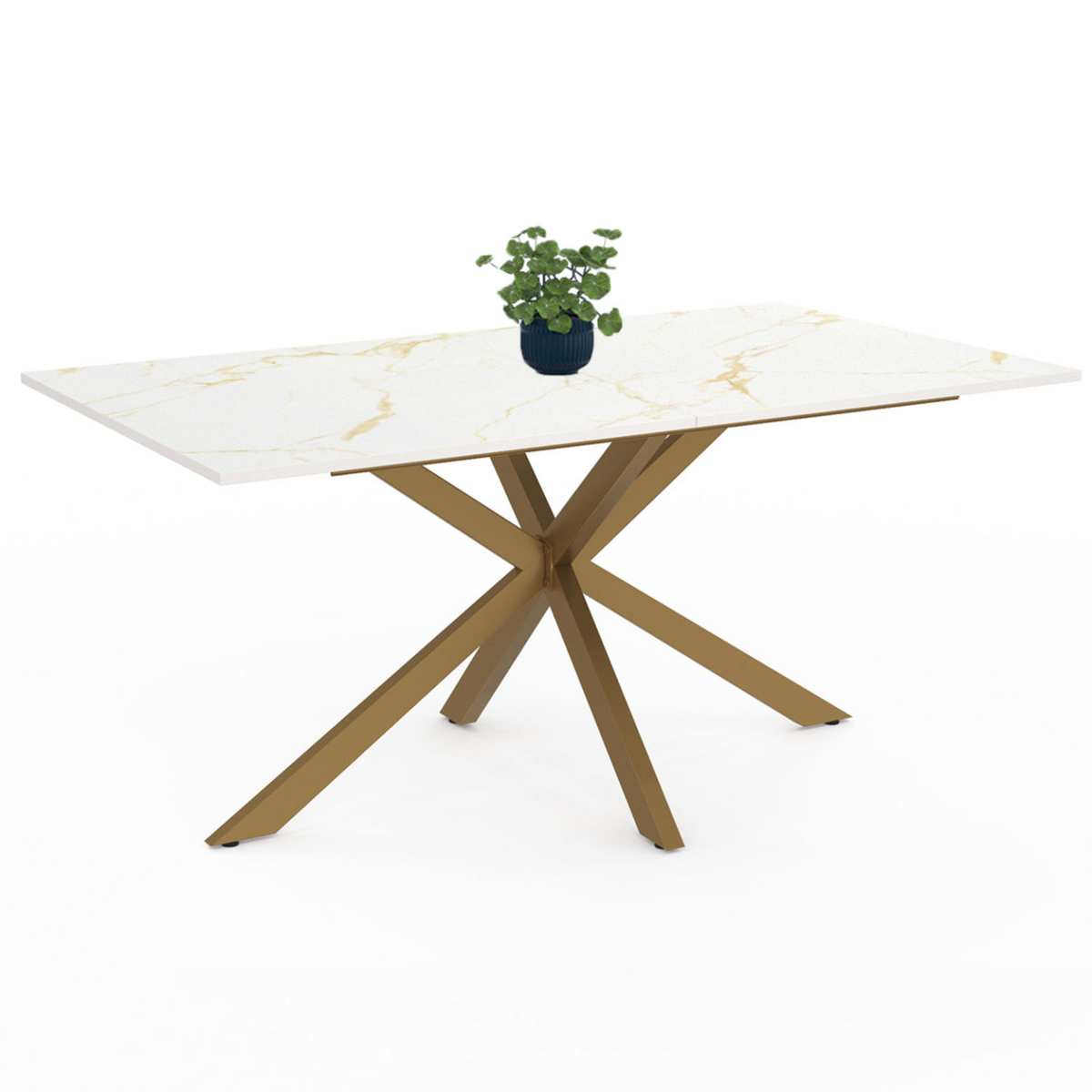 ID MARKET Table à manger rectangle ALIX  8 personnes pied araignée laiton et plateau effet marbre blanc ALASKA 160 cm