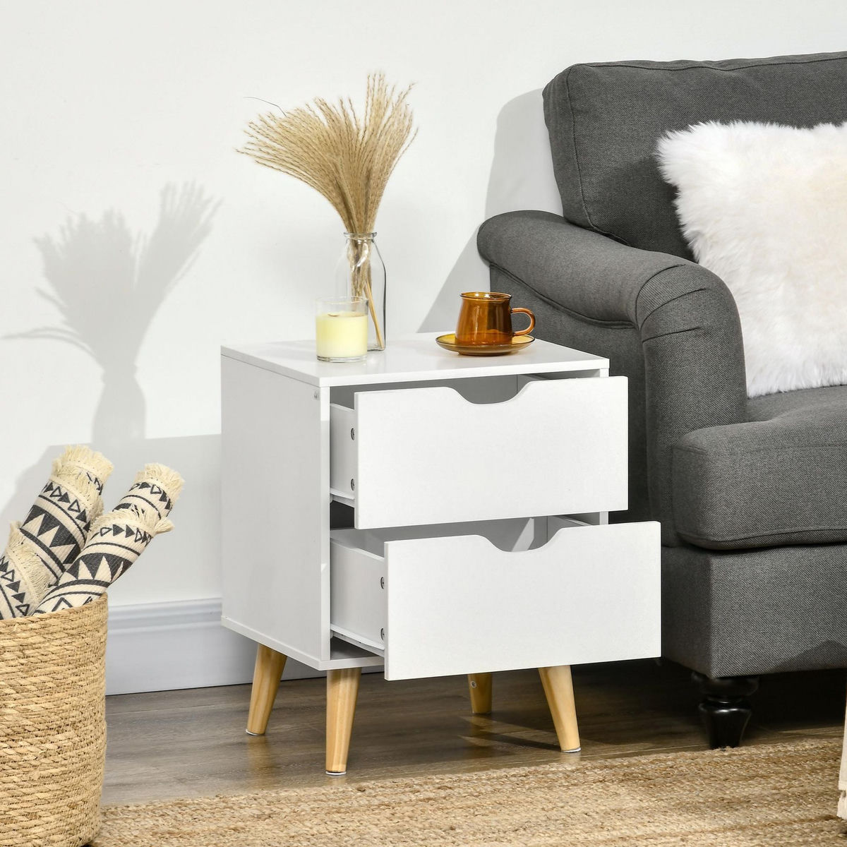 HOMCOM Chevet table de nuit design scandinave 2 tiroirs piètement bois pin panneaux particules blanc