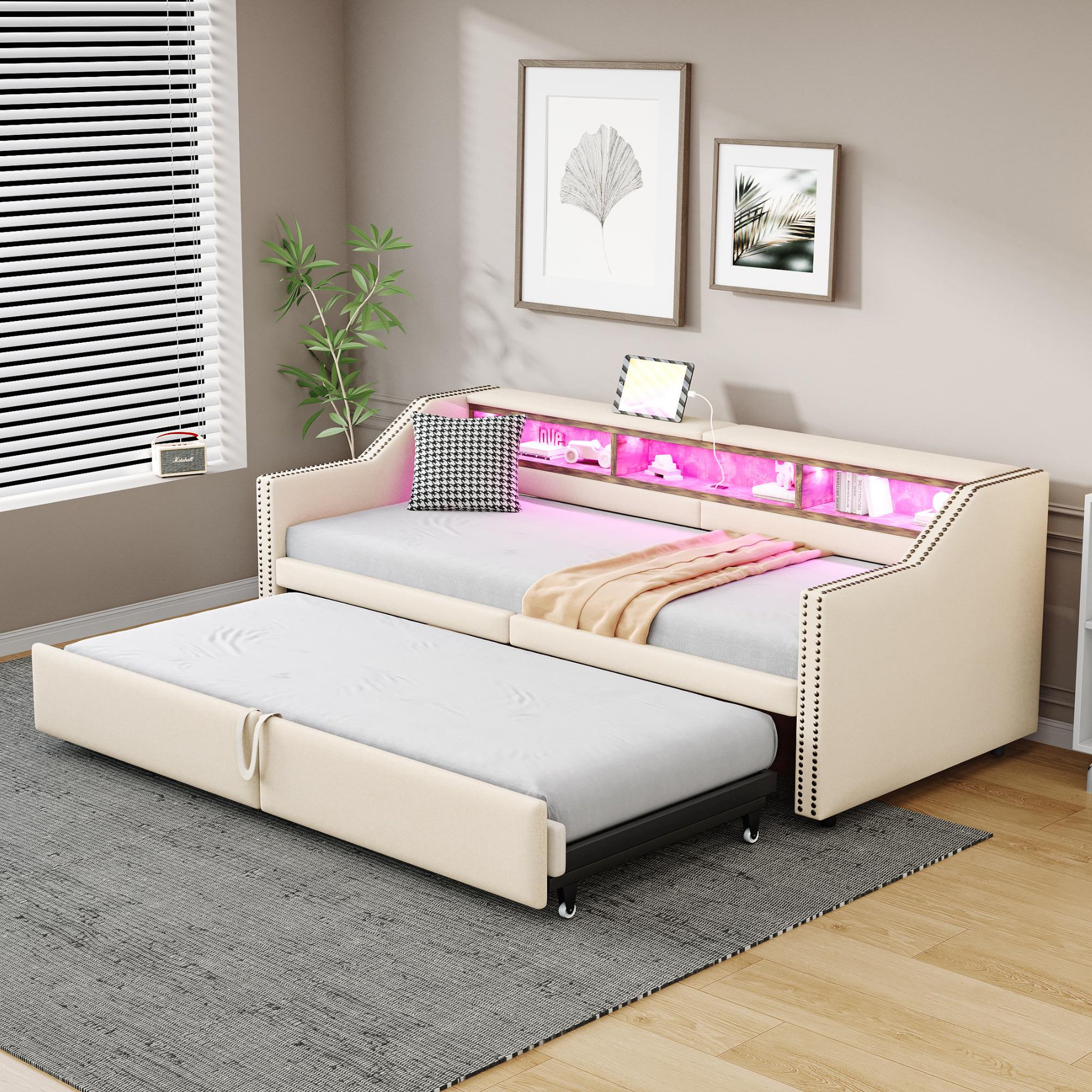 Voir la diapositive 5 : MERAX Lit banquette gigogne rembourré 90x200cm