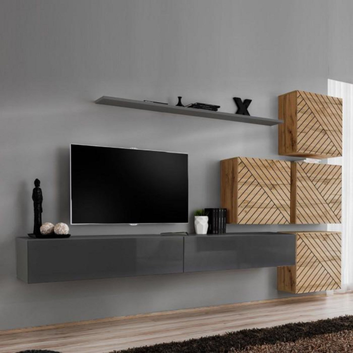 Paris Prix Ensemble Meuble TV  Switch Lamel IX  310cm Gris & Naturel