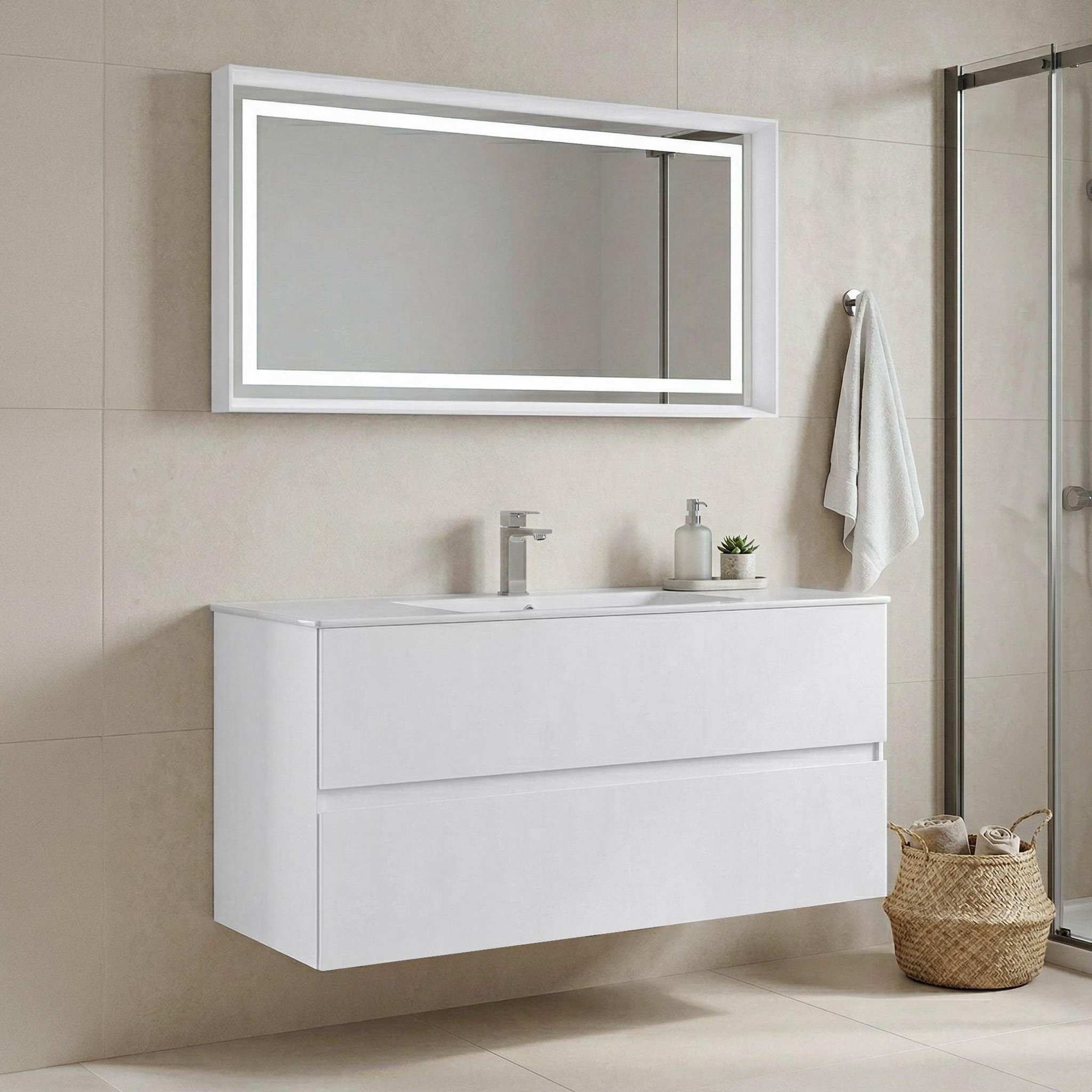 Voir la diapositive 2 : Habitat et Jardin Meuble avec simple vasque et miroir  Nest 121 v2  - 121 x 51 x 55 cm - Matte White