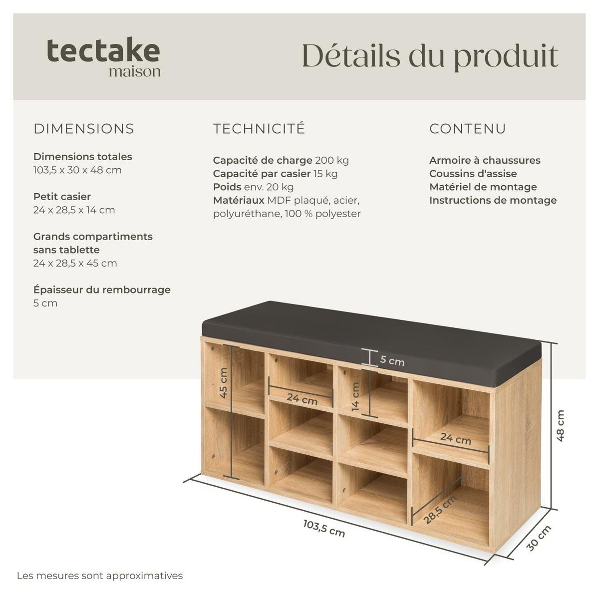 tectake Meuble à chaussures pour 10 paires de chaussures gris foncé/marron chêne clair