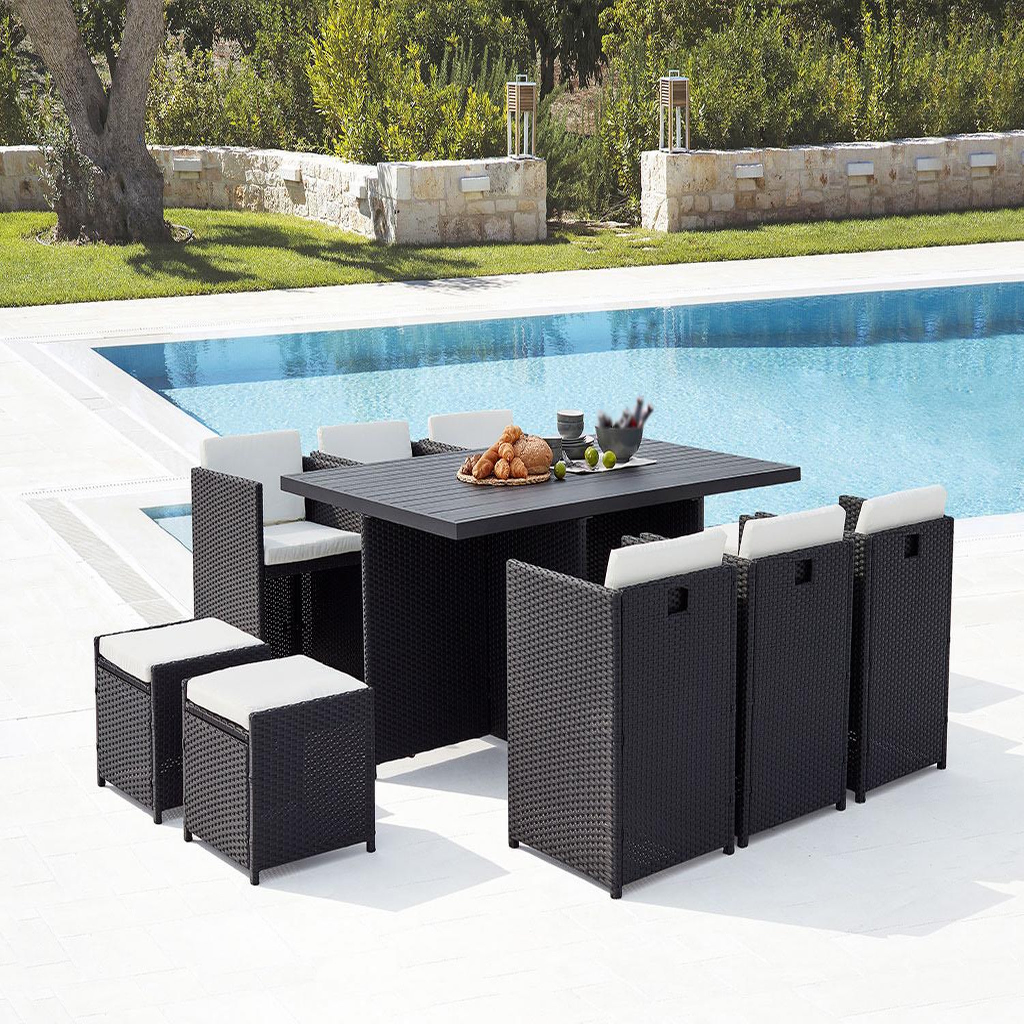 Voir la diapositive 2 : CONCEPT USINE Table et chaise 10 places encastrables alu résine noir-blanc sunset