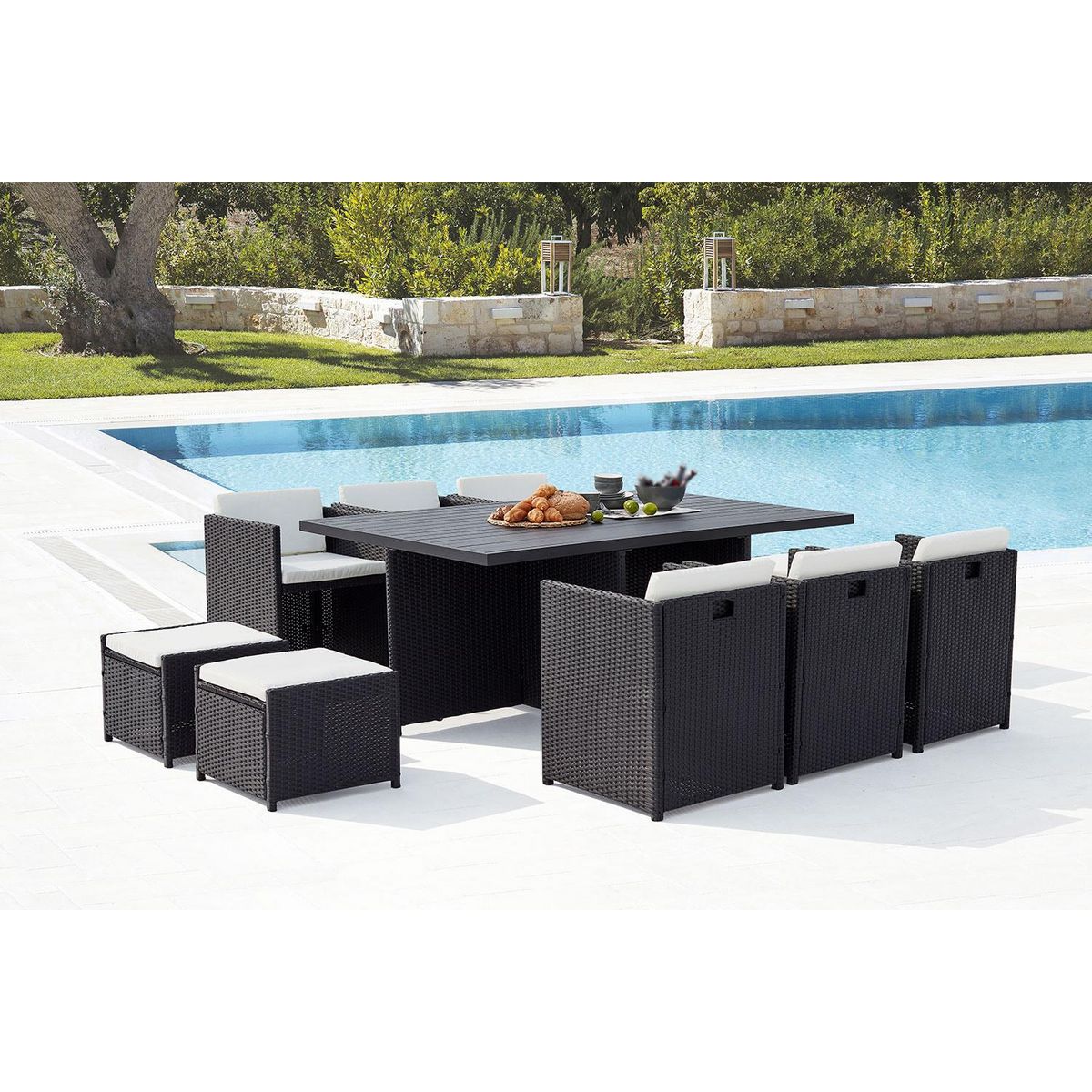 CONCEPT USINE Table et chaise 10 places encastrables alu résine noir-blanc SUNSET