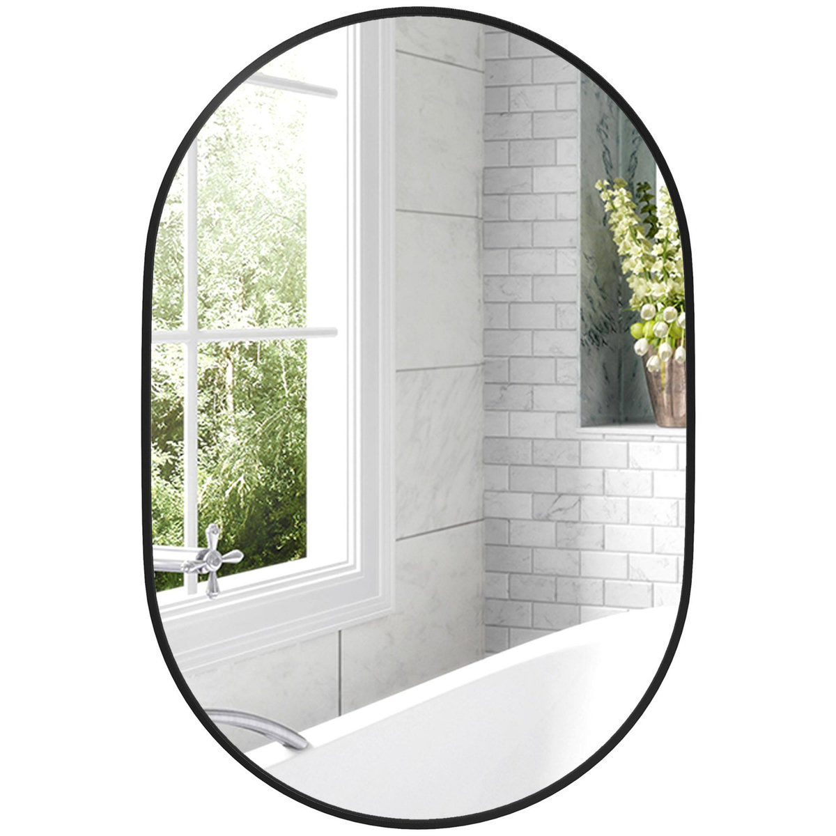 HOMCOM Miroir mural ovale dim. 60L x 90H cm cadre arrondi montage vertical/horizontal alu. noir