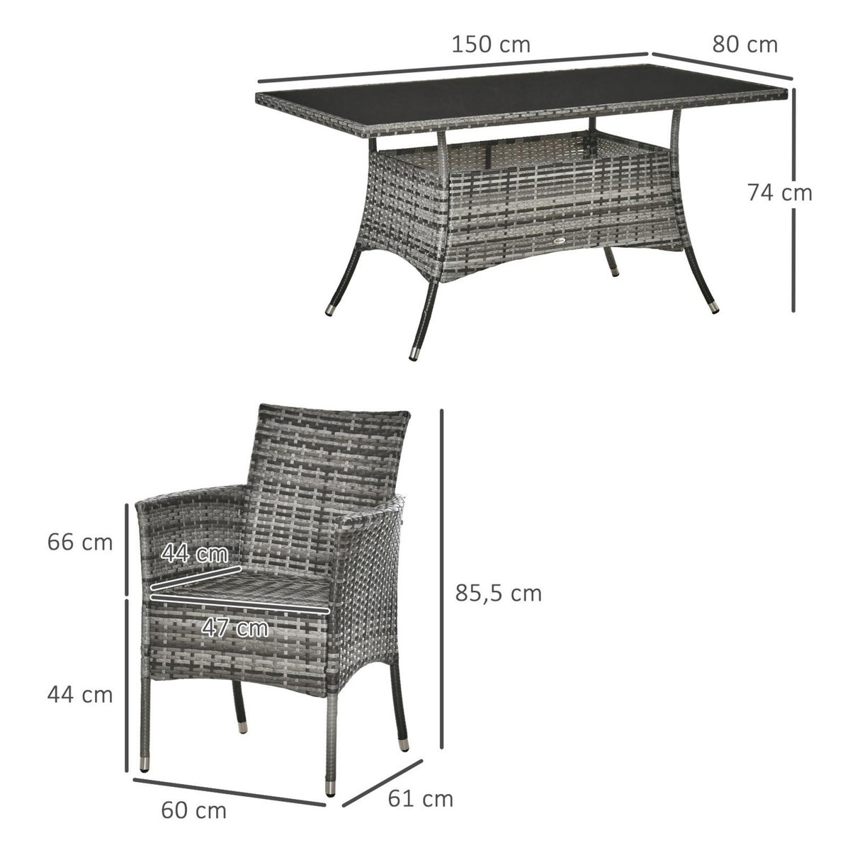OUTSUNNY Outsunny Ensemble salon de jardin 6 personnes - grande table rectangulaire, 6 fauteuils - 6 coussins d'assise déhoussables inclus - métal époxy verre trempé 5 mm résine tressée grise