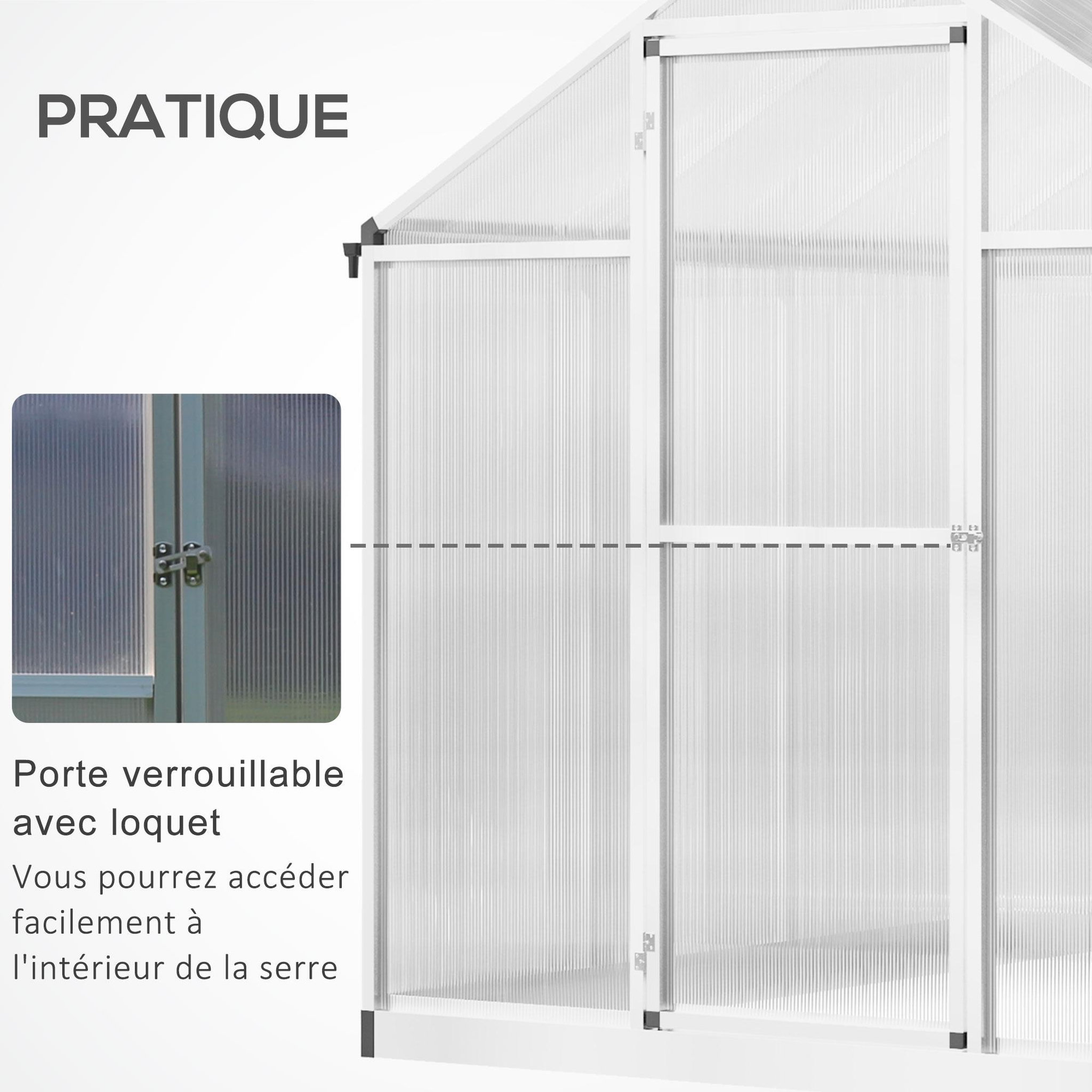Voir la diapositive 5 : OUTSUNNY Serre de jardin aluminium polycarbonate 4,6 m² dim. 2,42L x 1,9l x 1,95H m fondation lucarne porte loquet