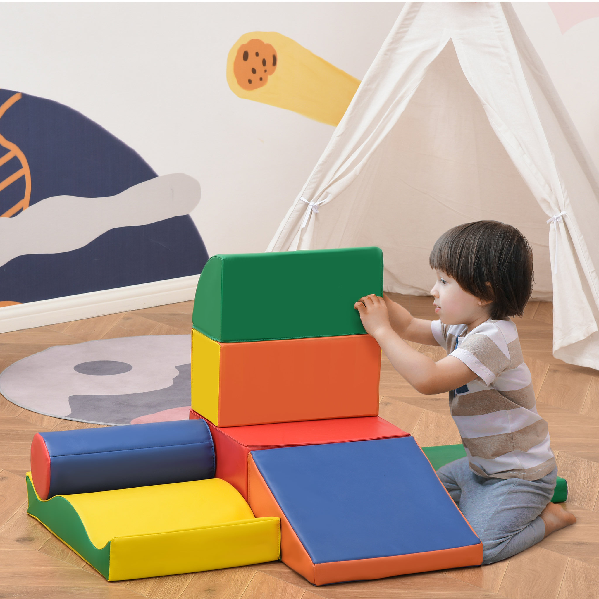 Voir la diapositive 2 : HOMCOM 7 blocs de construction en mousse XXL - modules de motricité - jouets éducatifs - certifiés normes EN71-1-2-3 - mousse EPE revêtement PU multicolore