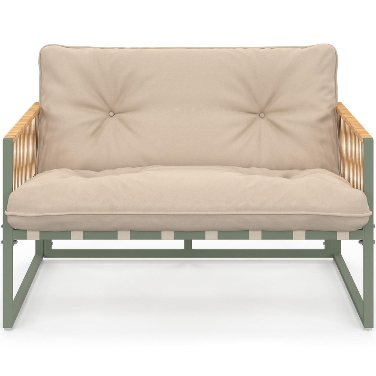 ID MARKET Salon de jardin bas RIO 4 places structure métal vert, cordage effet rotin clair et coussins beige