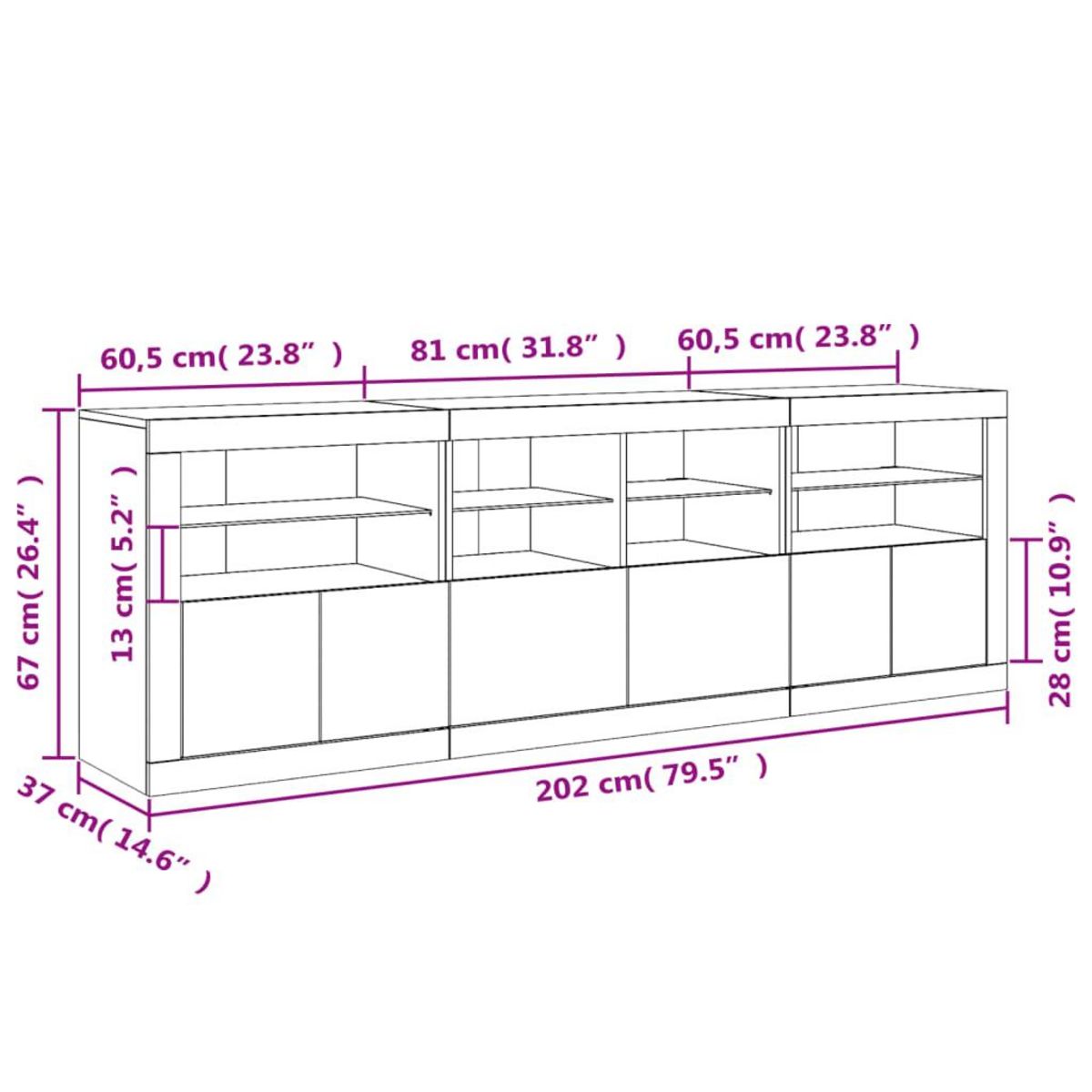 VIDAXL Buffet avec lumieres LED chene sonoma 202x37x67 cm