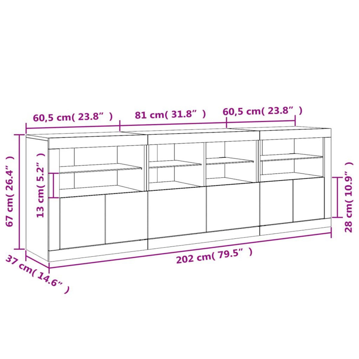 VIDAXL Buffet avec lumieres LED chene sonoma 202x37x67 cm