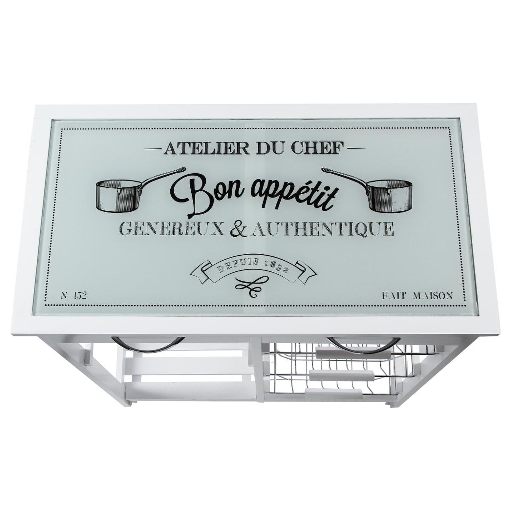 Voir la diapositive 3 : Desserte de cuisine sur roulettes en bois blanc et plateau en verre - 67 cm x 35 cm x H 81 cm