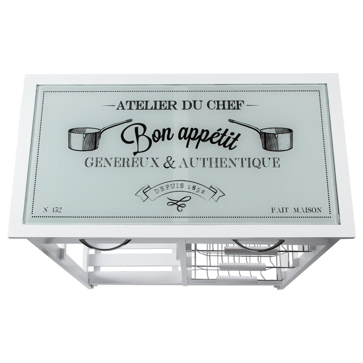 Desserte de cuisine sur roulettes en bois blanc et plateau en verre - 67 cm x 35 cm x H 81 cm