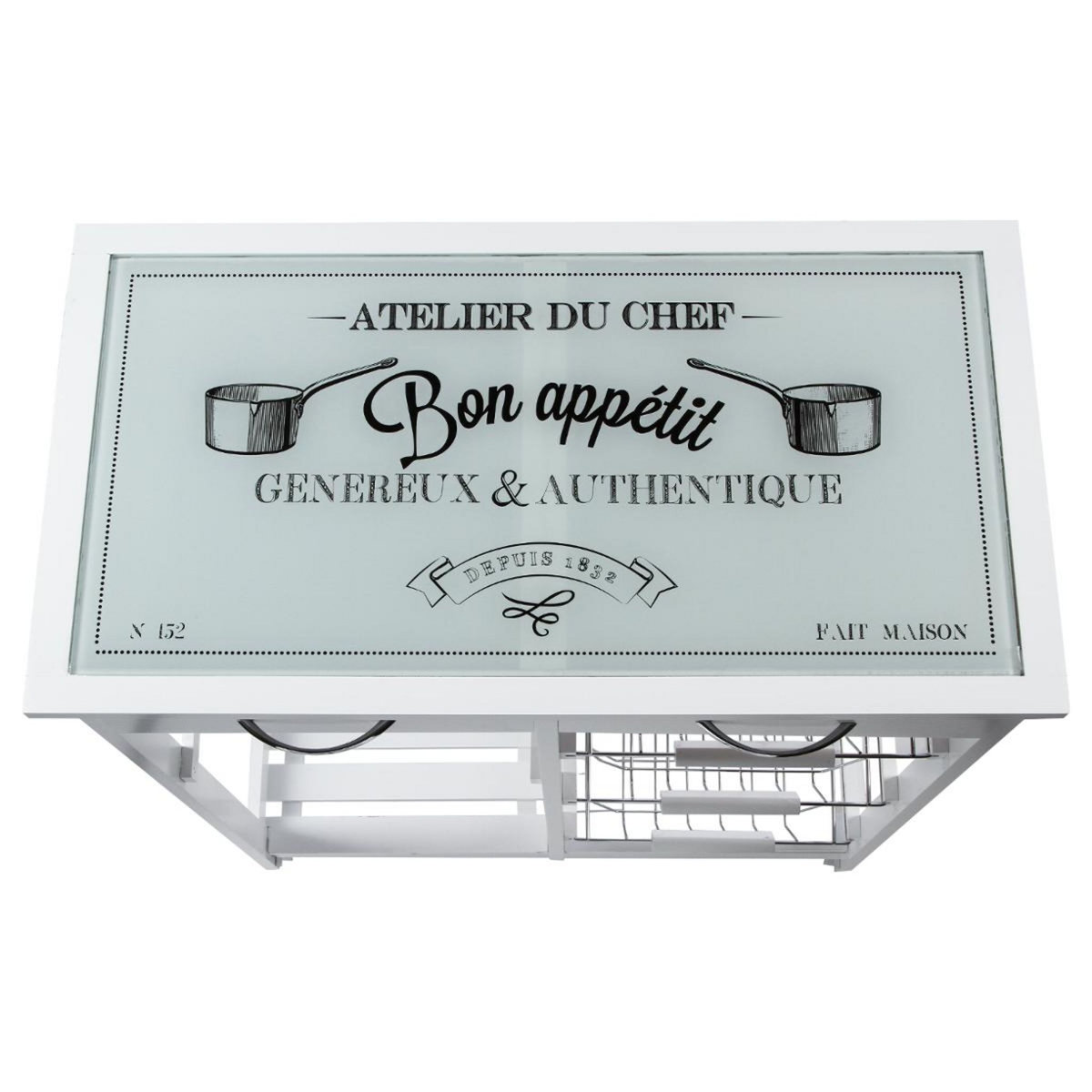 Desserte de cuisine sur roulettes en bois blanc et plateau en verre - 67 cm x 35 cm x H 81 cm