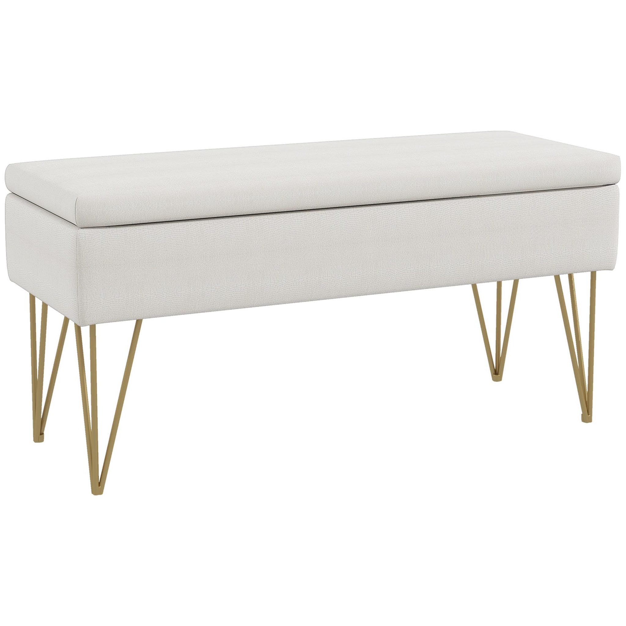 Voir la diapositive 1 : HOMCOM Banquette coffre de rangement 2 en 1 design art déco - piètement épingle acier doré tissu crème