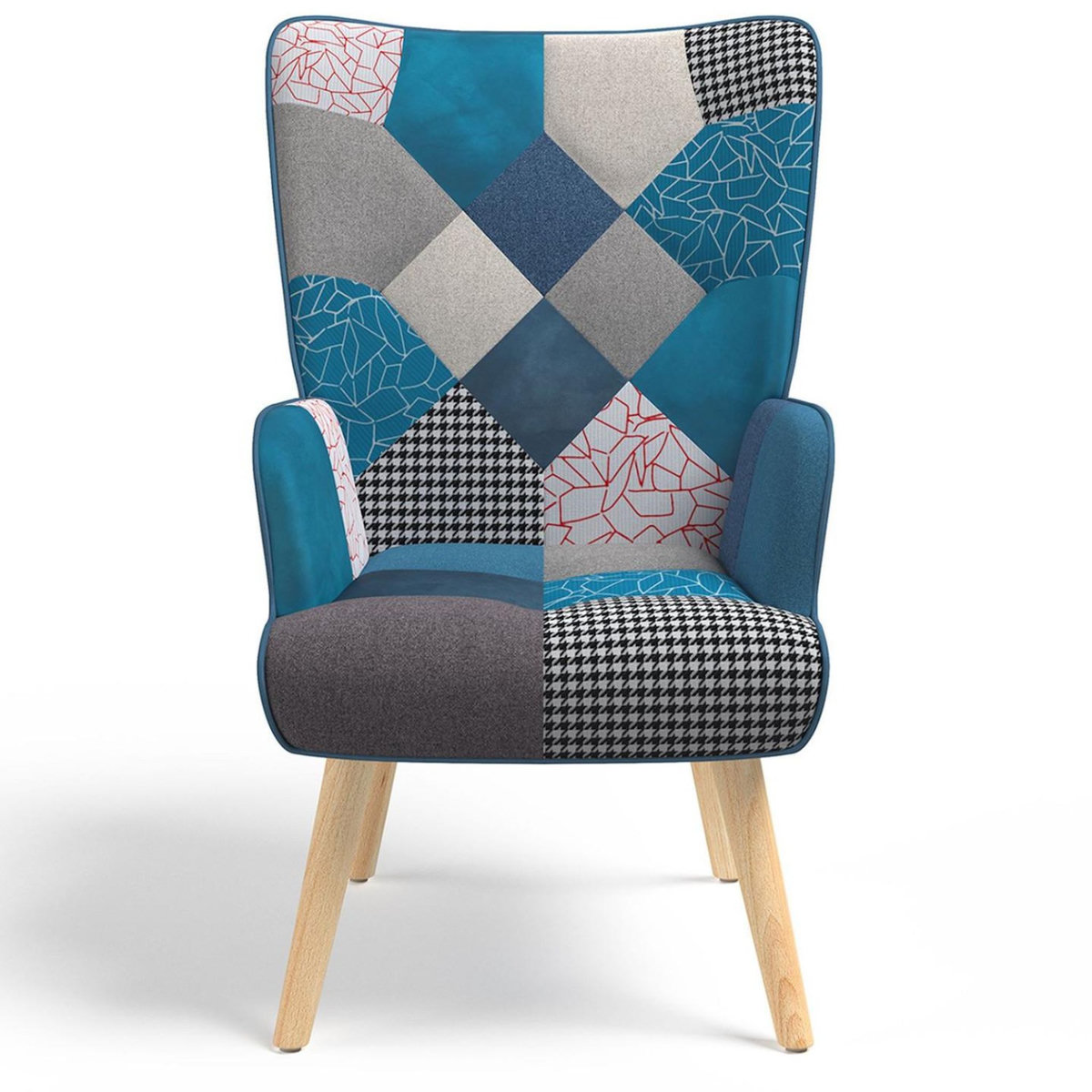 ID MARKET Fauteuil scandinave IVAR avec repose pieds en tissu patchwork et velours bleu