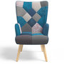 Voir la diapositive 3 : ID MARKET Fauteuil scandinave IVAR avec repose pieds en tissu patchwork et velours bleu