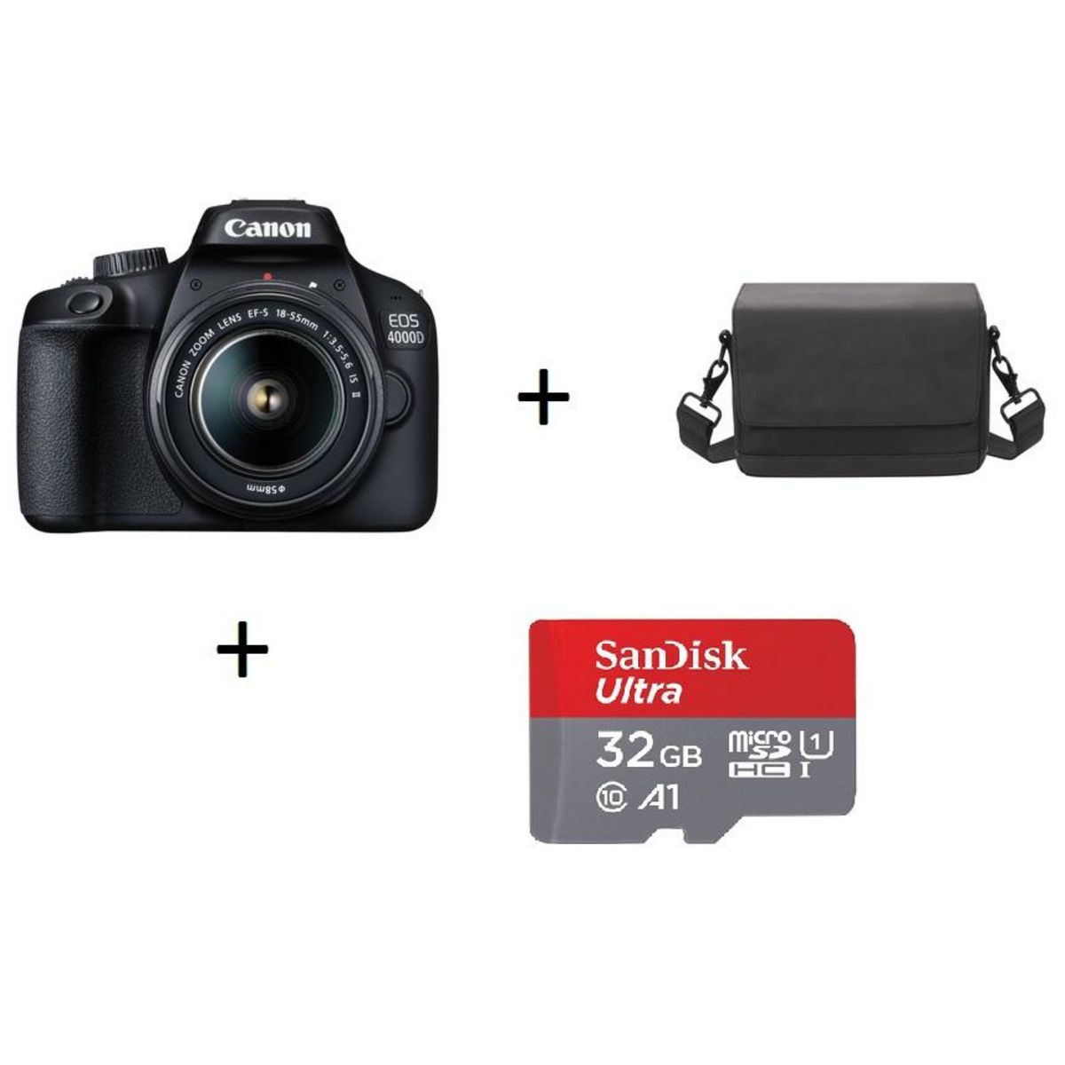 CANON Appareil Photo Reflex - EOS 4000D - Noir avec Objectif 18-55 mm + SB100 BLK - Noir - Sac d'épaule pour appareil photo + SANDISK Micro SD 32 Go Ultra - Carte mémoire
