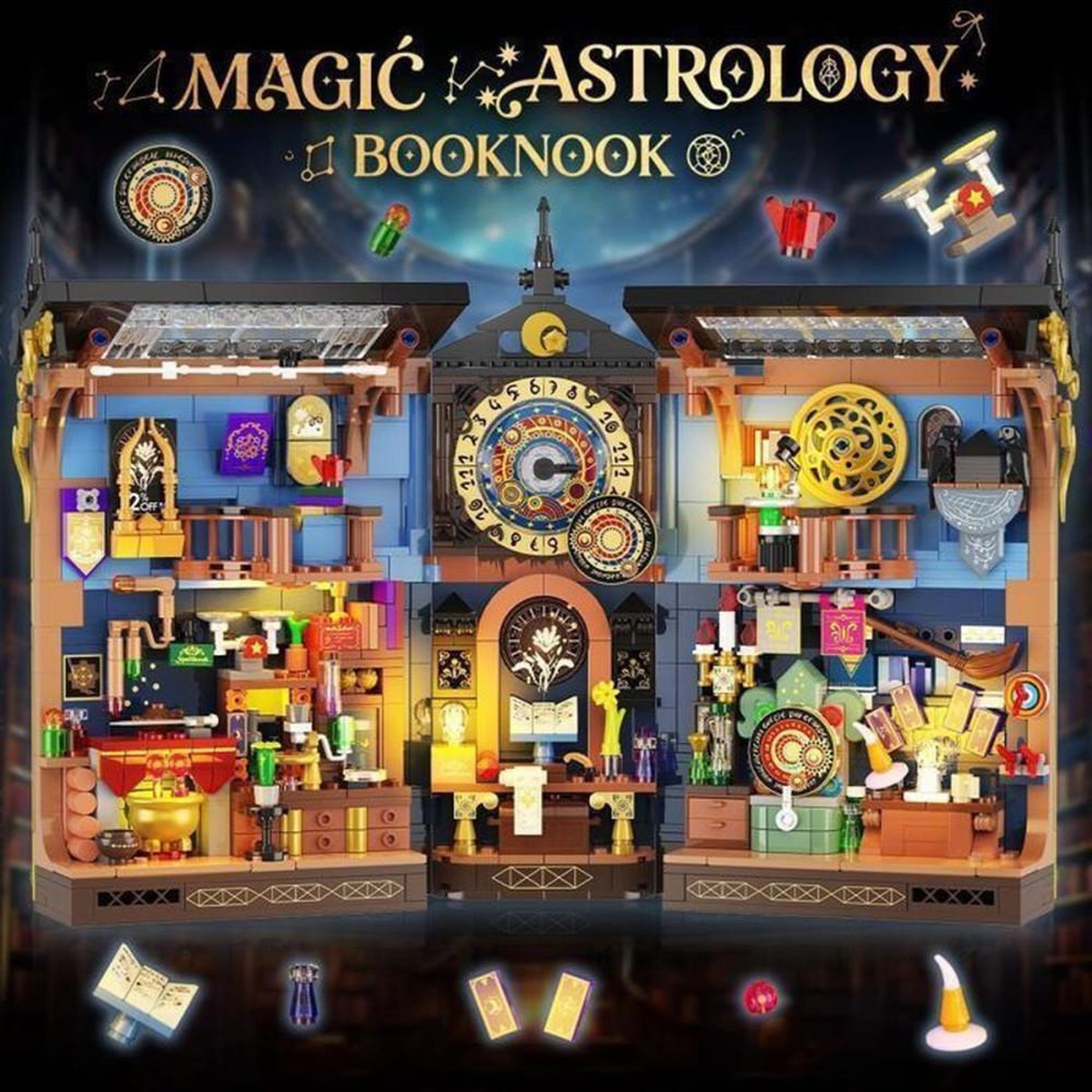 Voir la diapositive 4 : Kit de construction LED pour diorama en forme de livre, 946 pièces, thème astrologie, ouverture 180°, lumière chaude