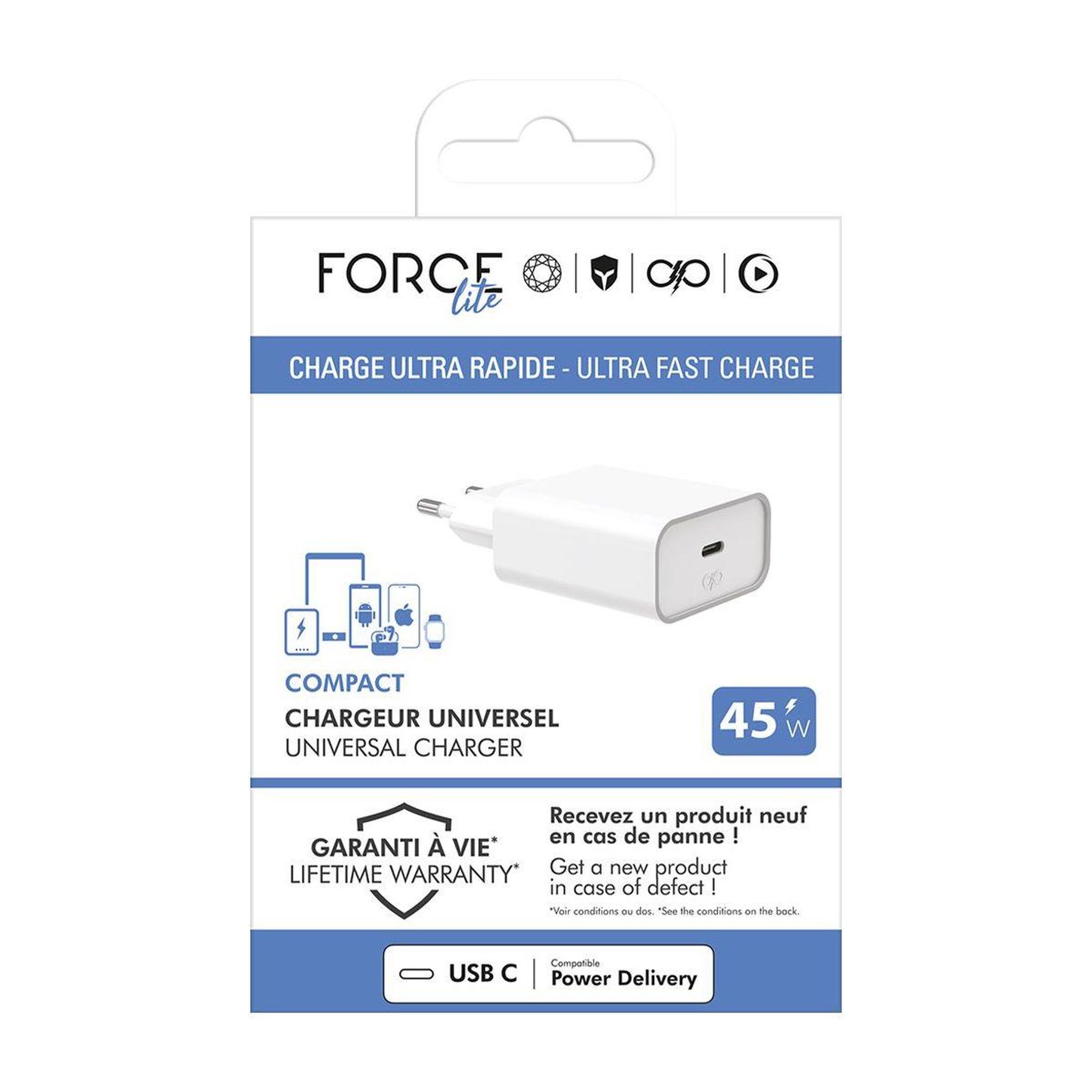 Voir la diapositive 5 : FORCE POWER Chargeur 45w usb c blanc recyclé