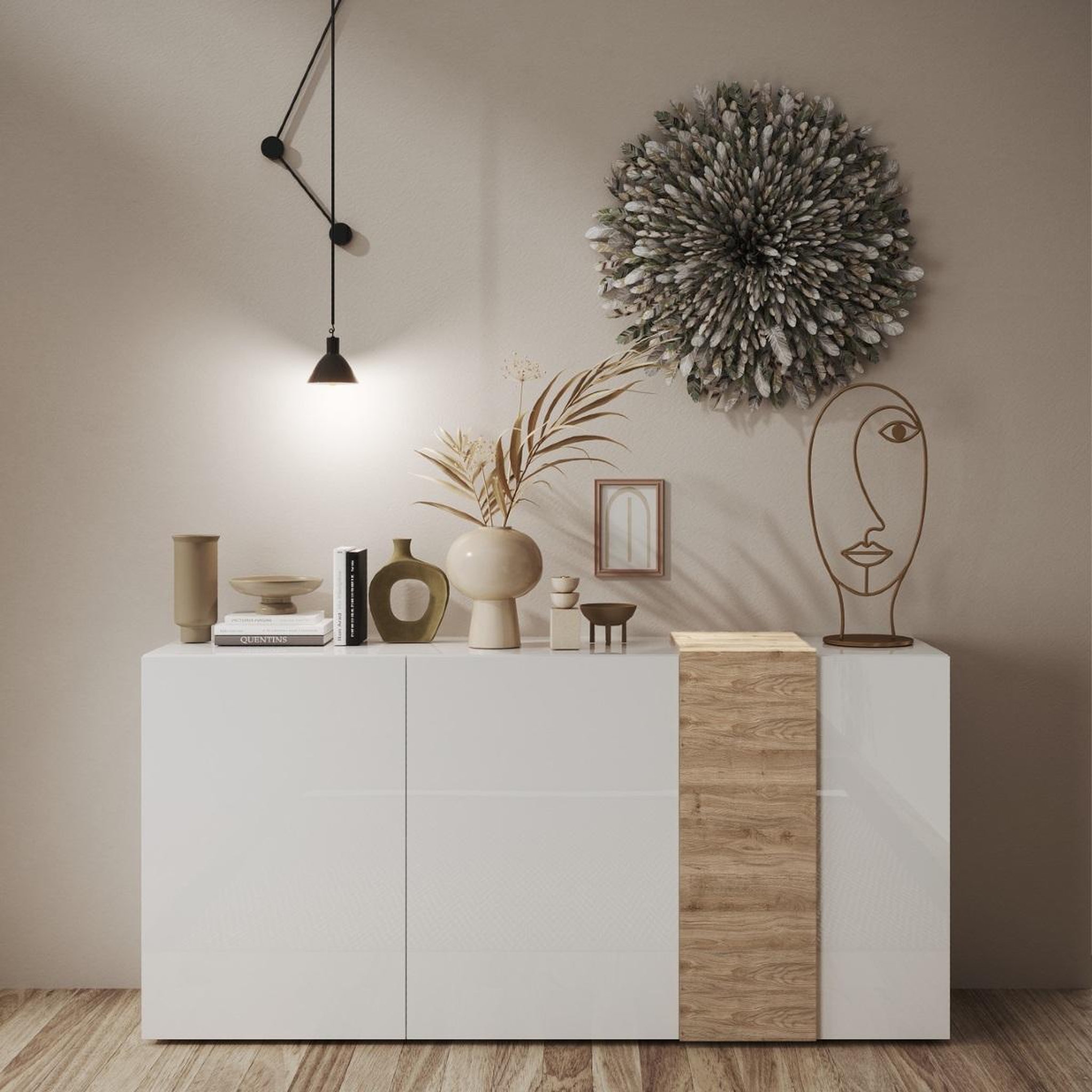 Voir la diapositive 2 : JLC KREATION Buffet bas moderne blanc et bois 3 portes SIA