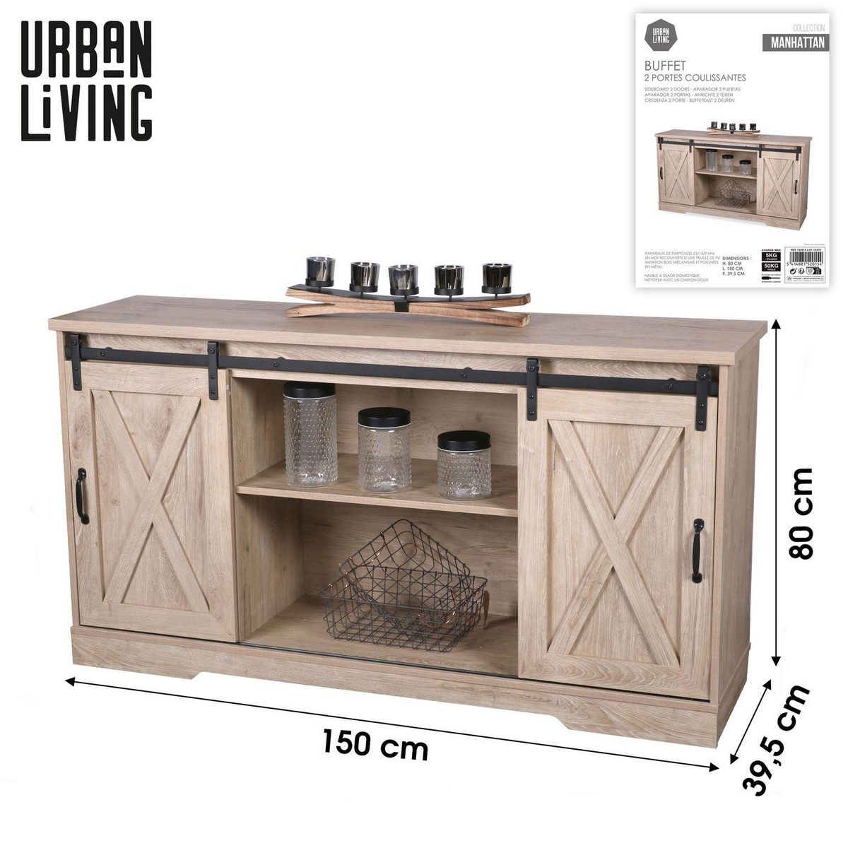 DIVERS Buffet New York 2 portes coulissantes - Marron