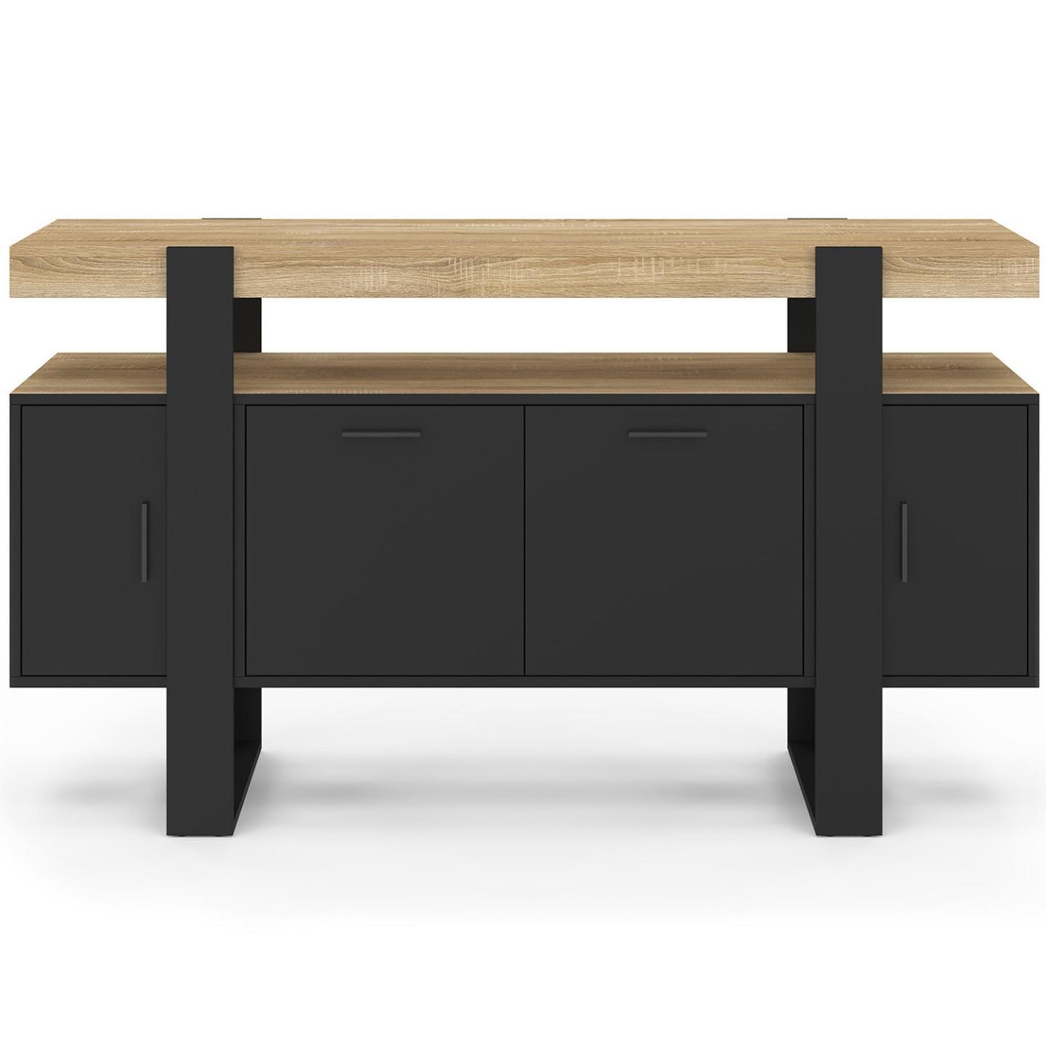 Voir la diapositive 4 : ID MARKET Buffet 140 cm phoenix 4 portes noir avec plateau bois