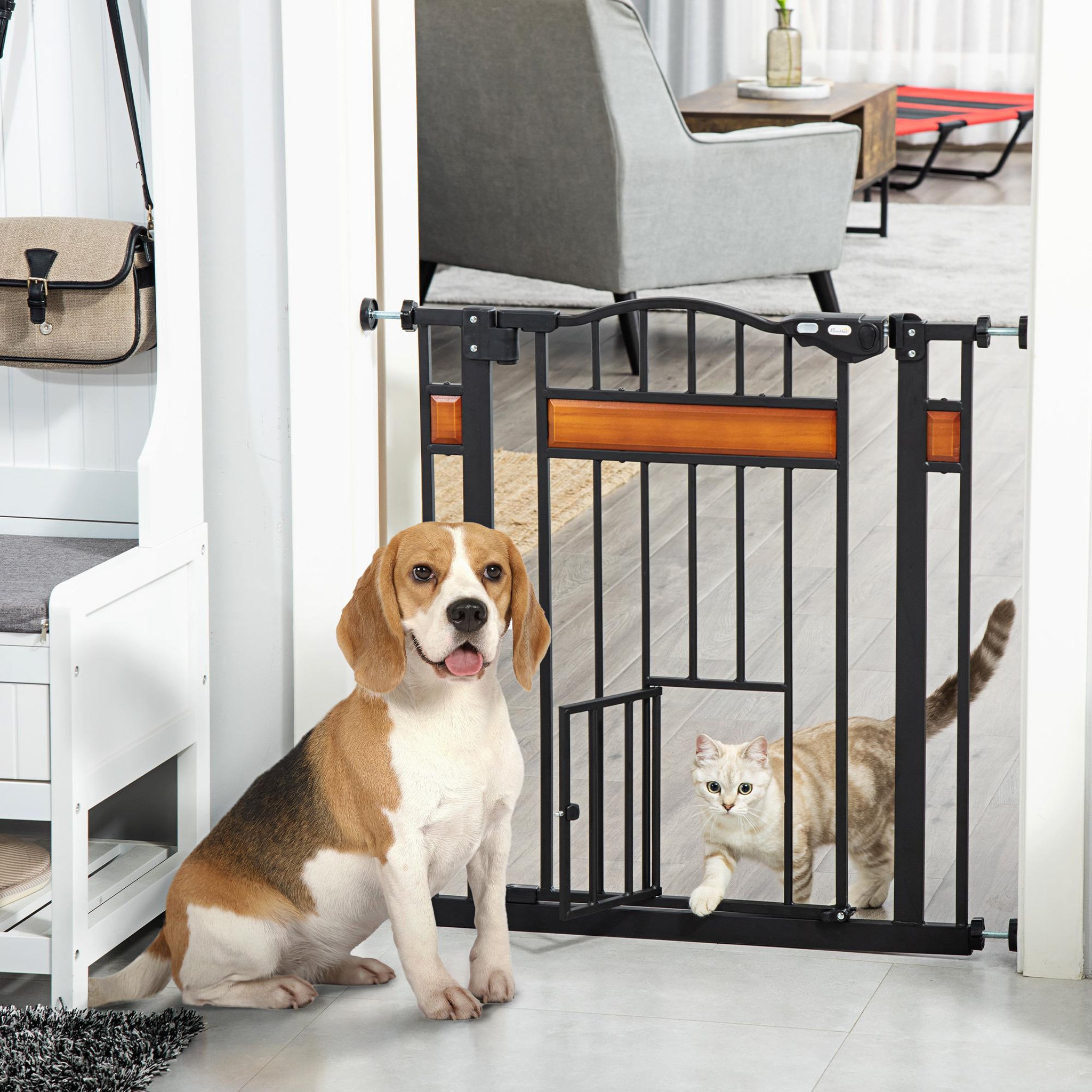 Voir la diapositive 2 : PAWHUT Barrière de sécurité animaux - longueur réglable dim. 74-80 cm - 2 portes verrouillables, ouverture double sens - sans perçage - acier noir pin