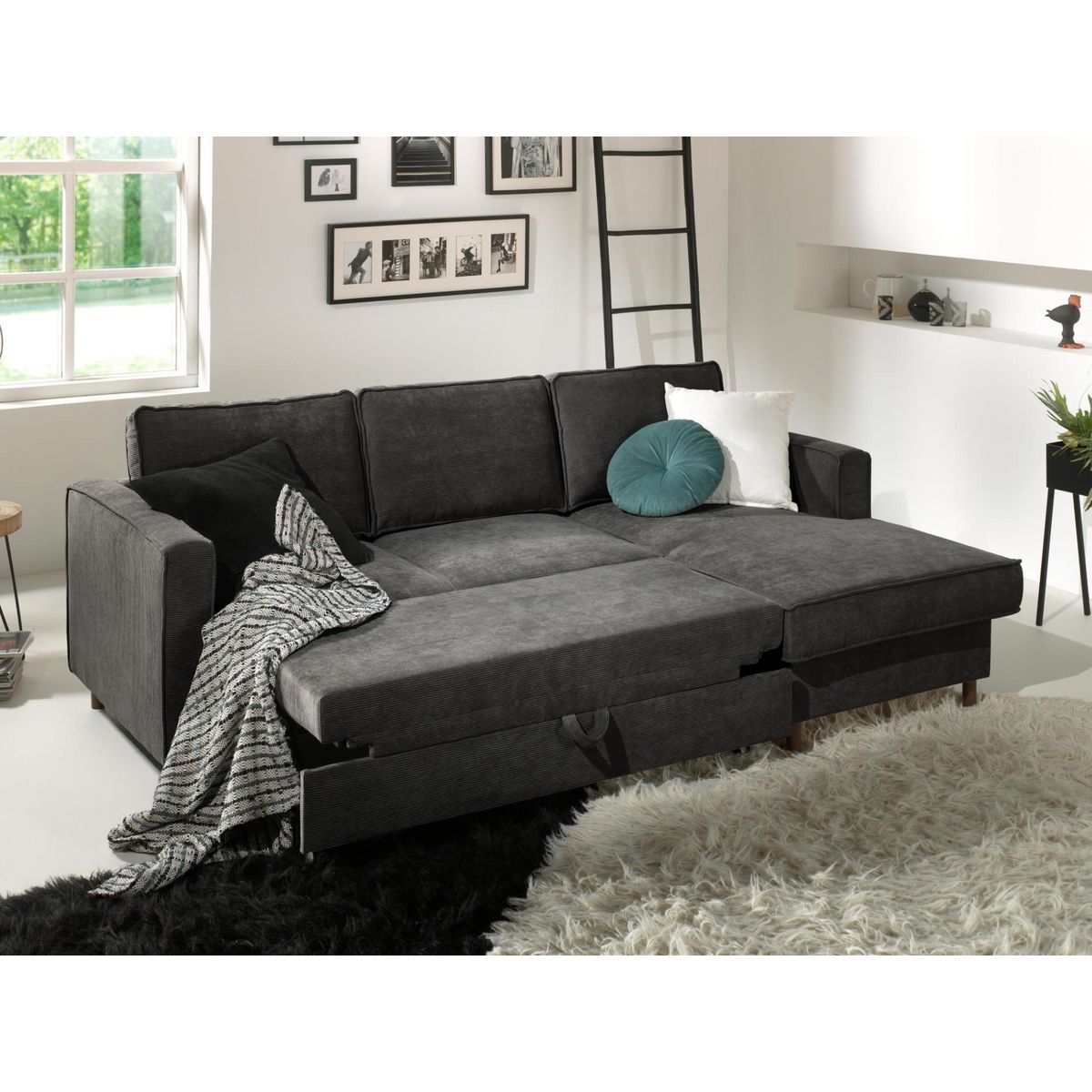 LISA DESIGN Jake - canapé d'angle droit - convertible avec coffre - 4 places - en velours côtelé