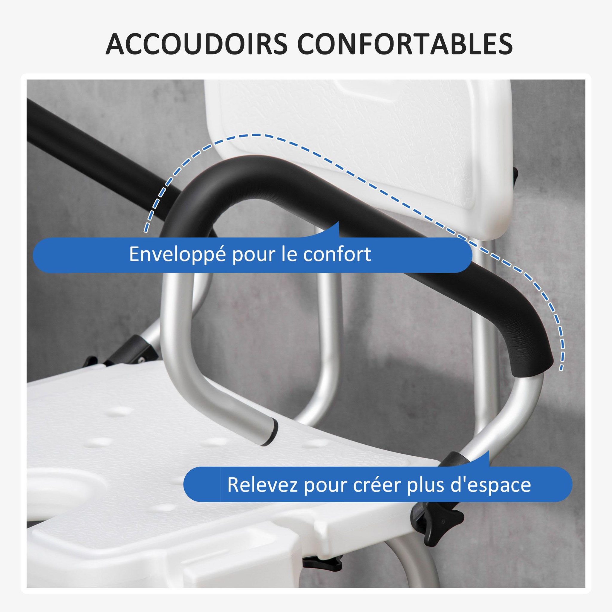 Voir la diapositive 5 : HOMCOM Chaise de douche siège de douche ergonomique hauteur réglable pieds antidérapants accoudoirs alu hdpe blanc noir